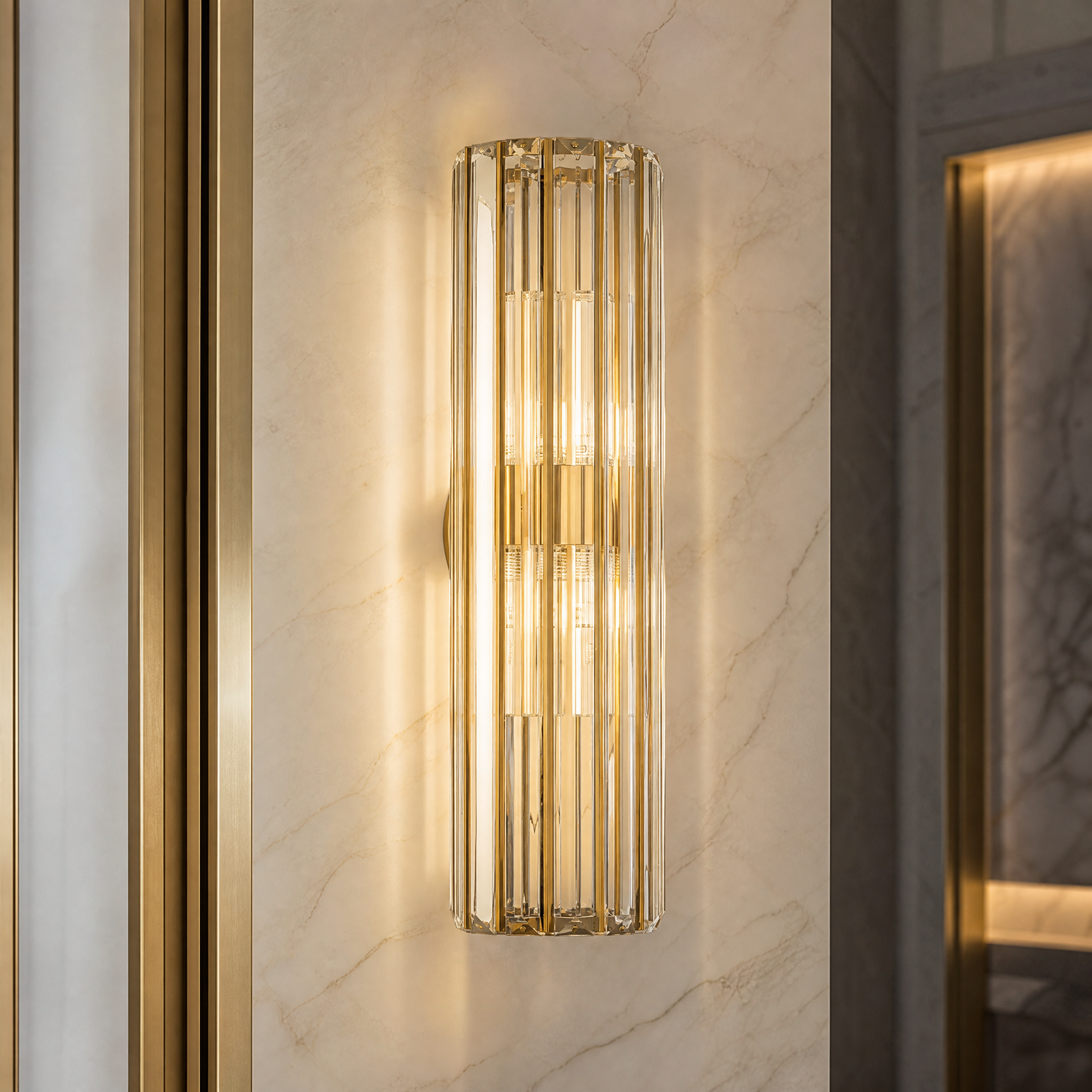 Close up detail of Vorelli Apollo crystal bars showcasing light and shadow interplay