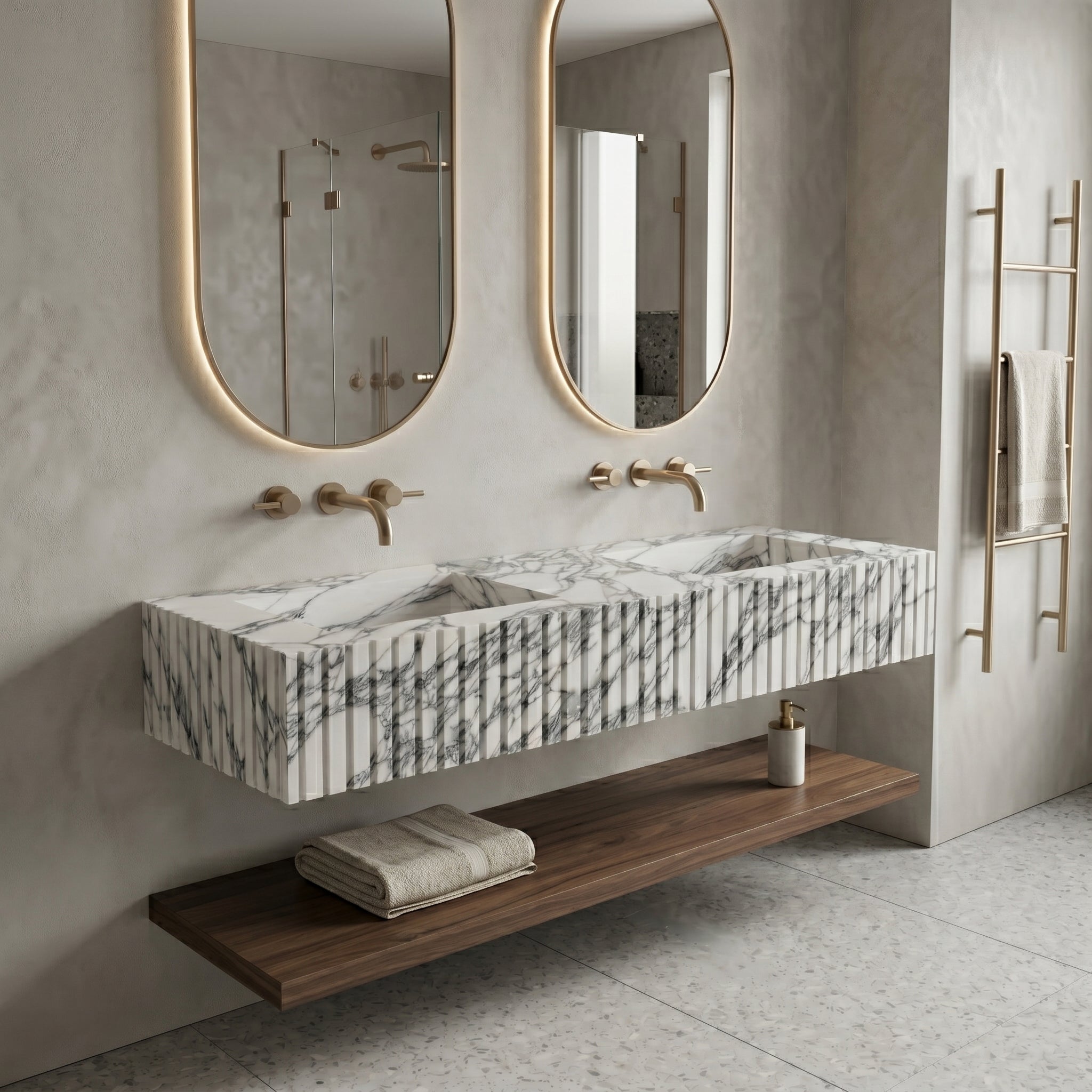 Arabescato Marble Double Sink - Fluted