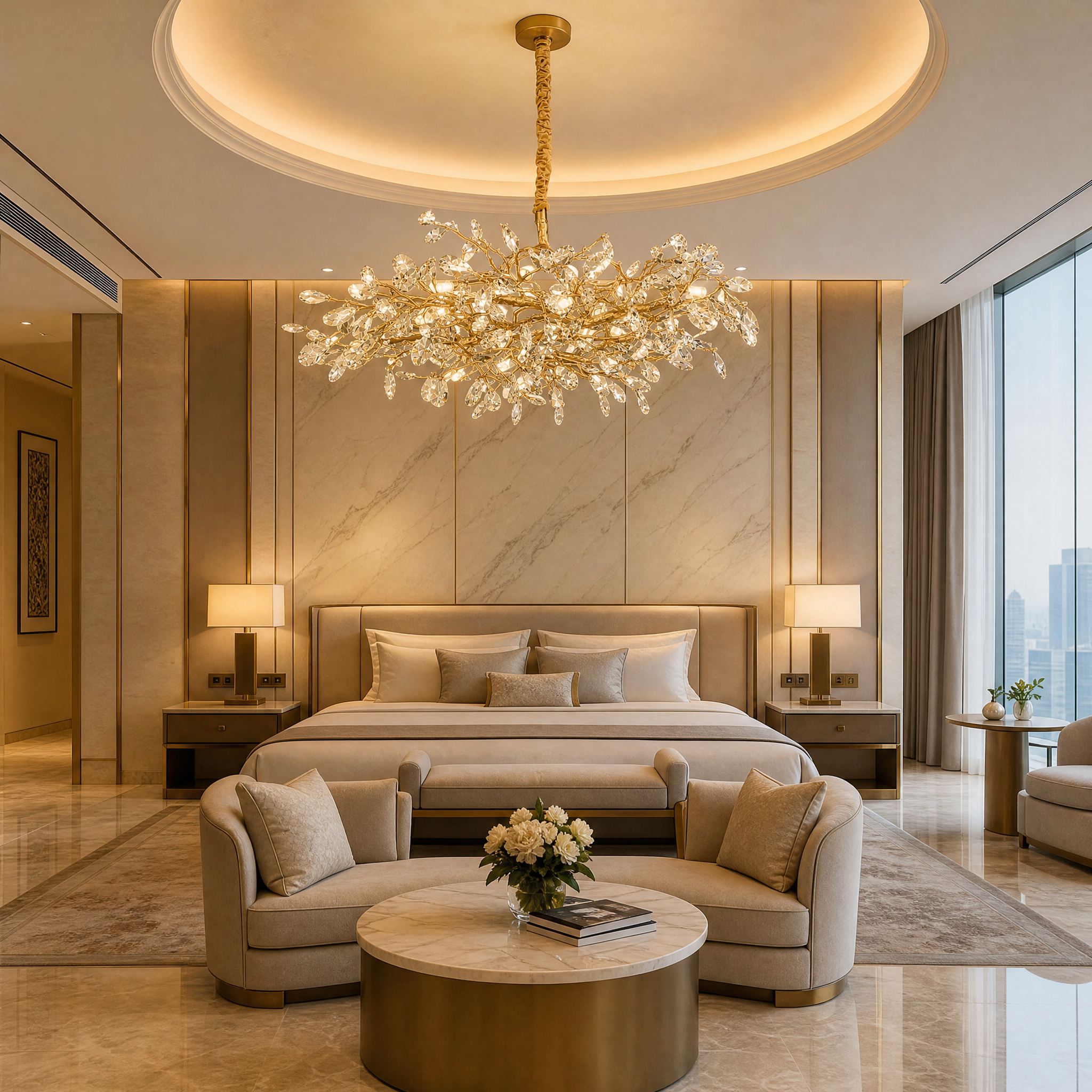 Grand hotel lobby interior featuring the sculptural branching structure of the VORELLI Arboré Circular Chandelier II.