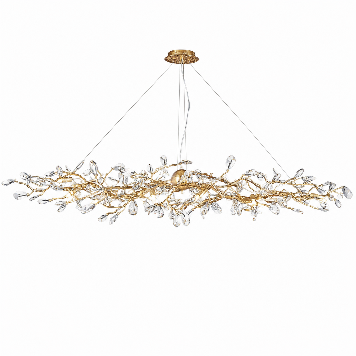 VORELLI Arboré Rectangular Chandelier II close-up showcasing the detailed diamond-cut faceted crystals and elegant branching frame design.