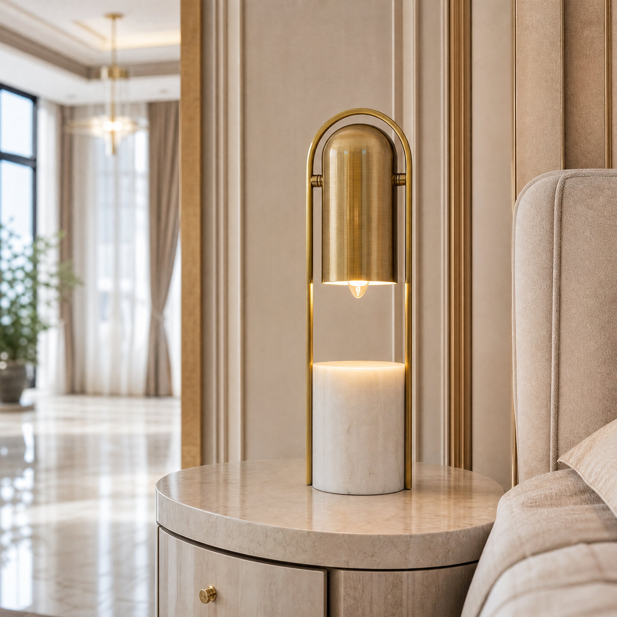 VORELLI Archeon marble and brass dome table lamp illuminating a luxury residential living room setting.