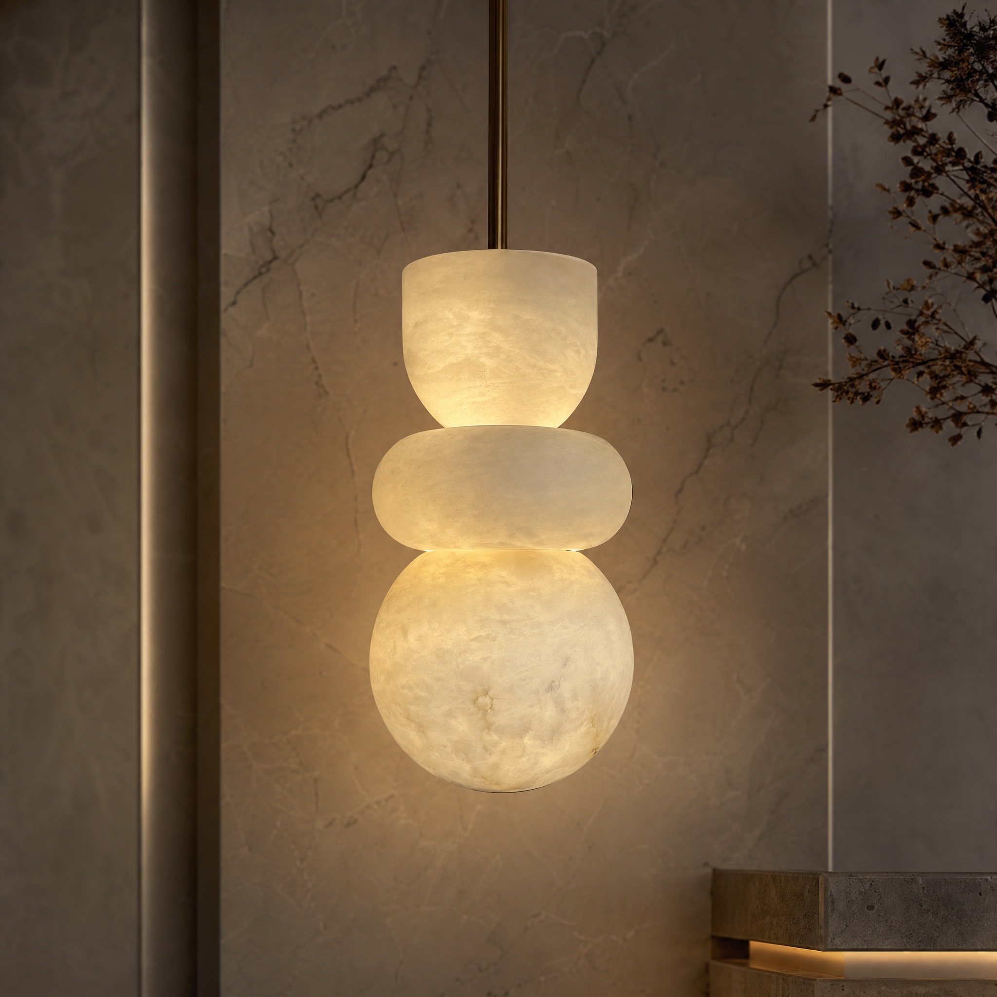 Detailed closeup of the Arco Marble Pendant Light showcasing the graceful curves and unique natural veins of the marble.