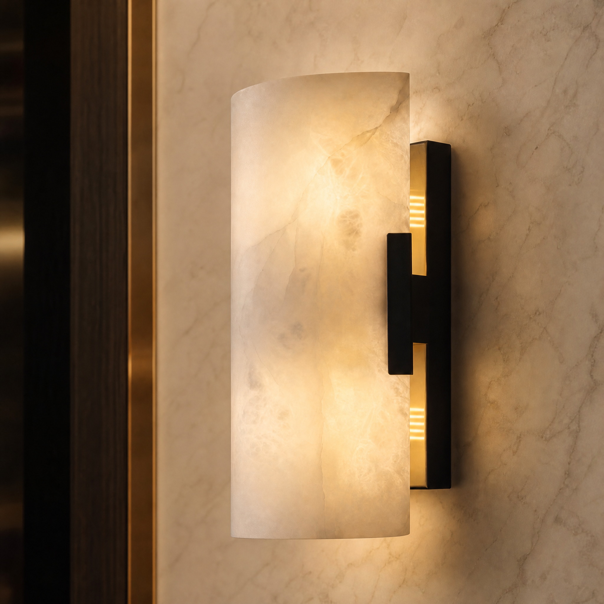 A detailed closeup shot of the VORELLI Arco Marble Wall Light, highlighting the natural curved marble texture and sleek black detailing.