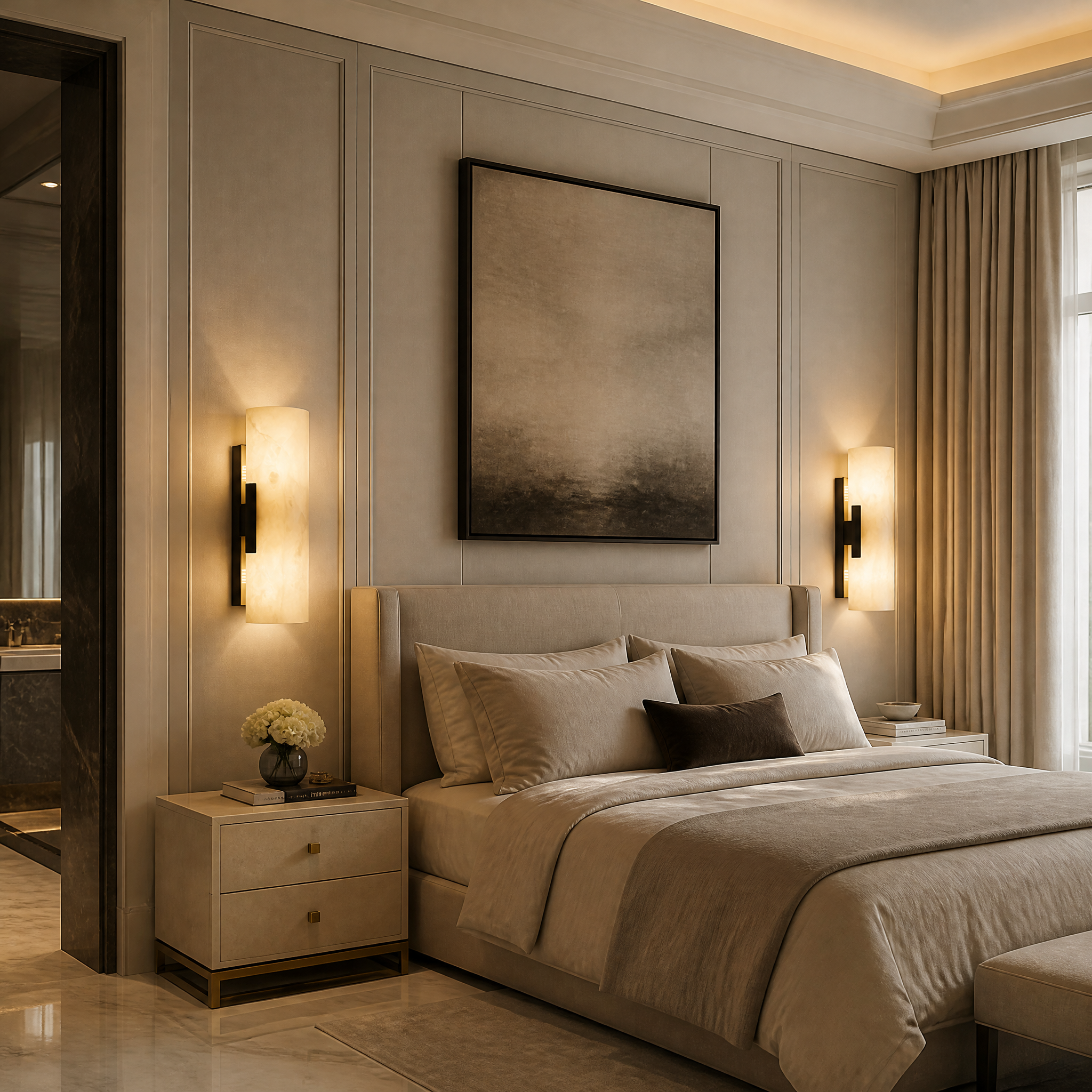 The VORELLI Arco Marble Wall Light installed in a luxury contemporary residential living room, casting a soft, warm glow against a minimalist wall.