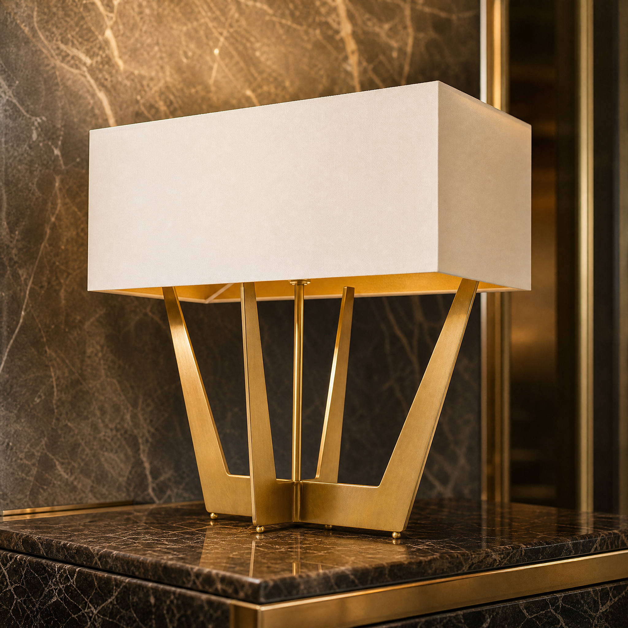 Macro close-up shot of the architectural pale gold geometric base and fine fabric texture of the Ardelis table lamp shade.