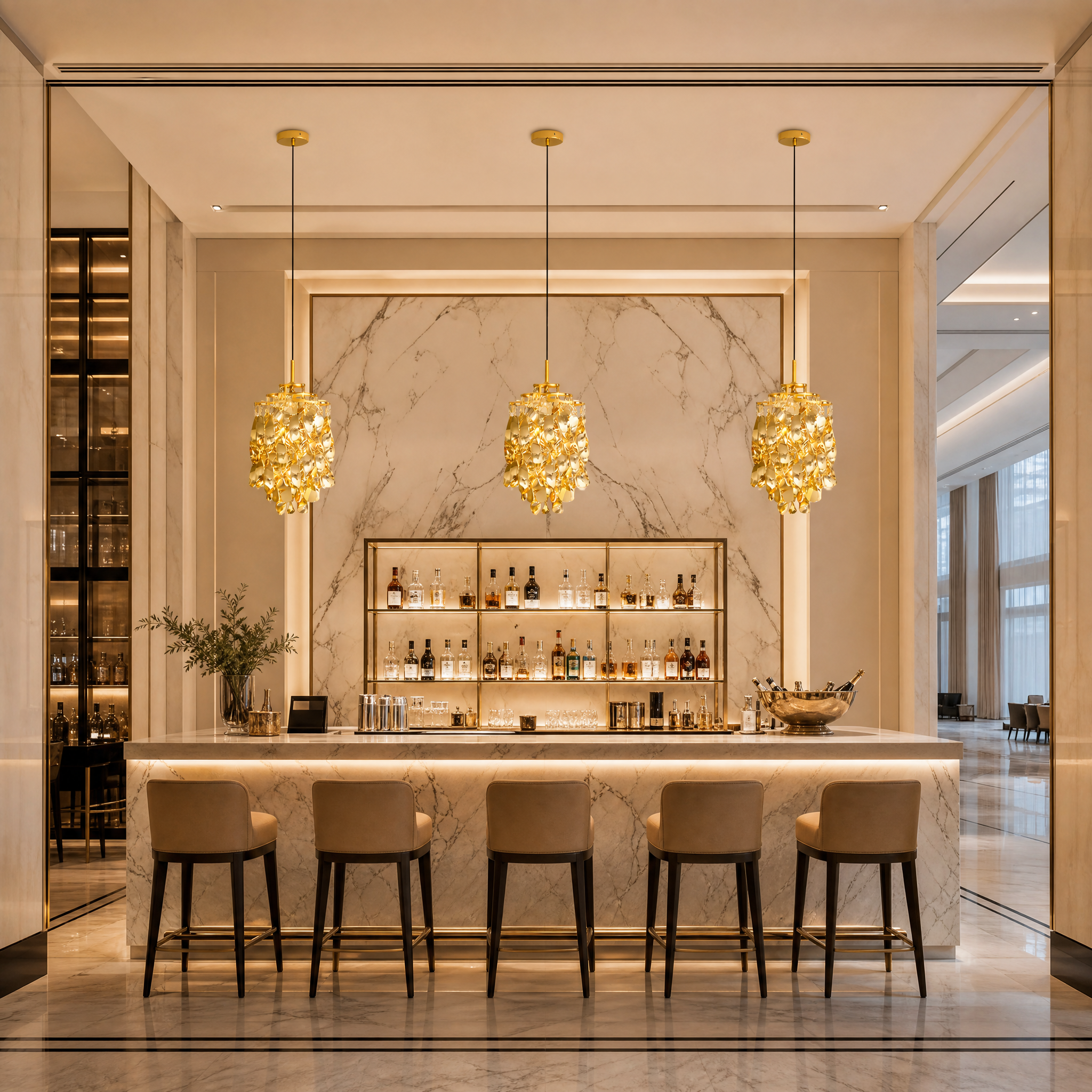 A cluster of VORELLI Arezzo crystal pendant lights hanging above a sophisticated hospitality bar area, casting a warm luxury shimmer.