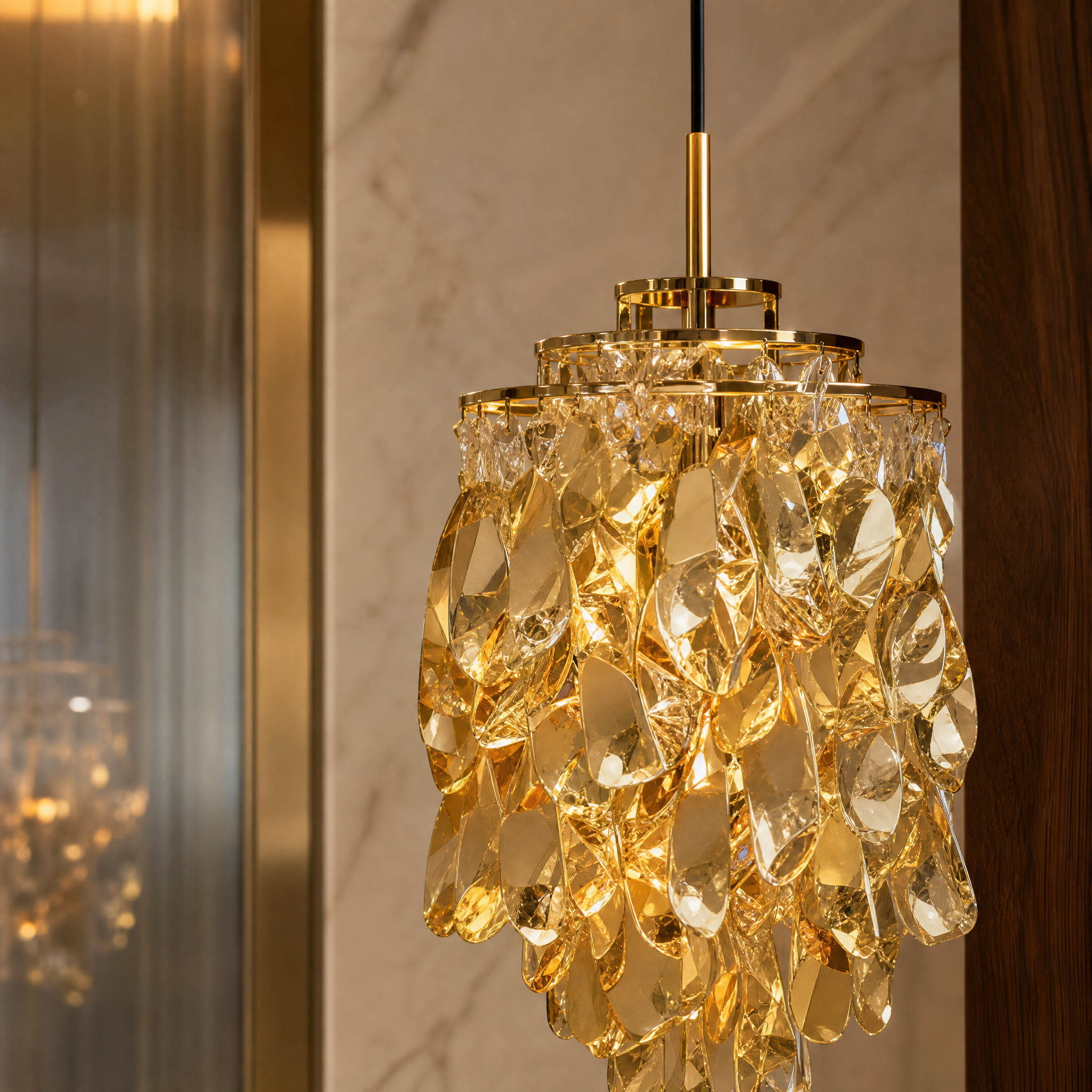 Macro closeup of the faceted diamond-cut crystals on the VORELLI Arezzo pendant light, highlighting the intricate layered formation and premium craftsmanship.