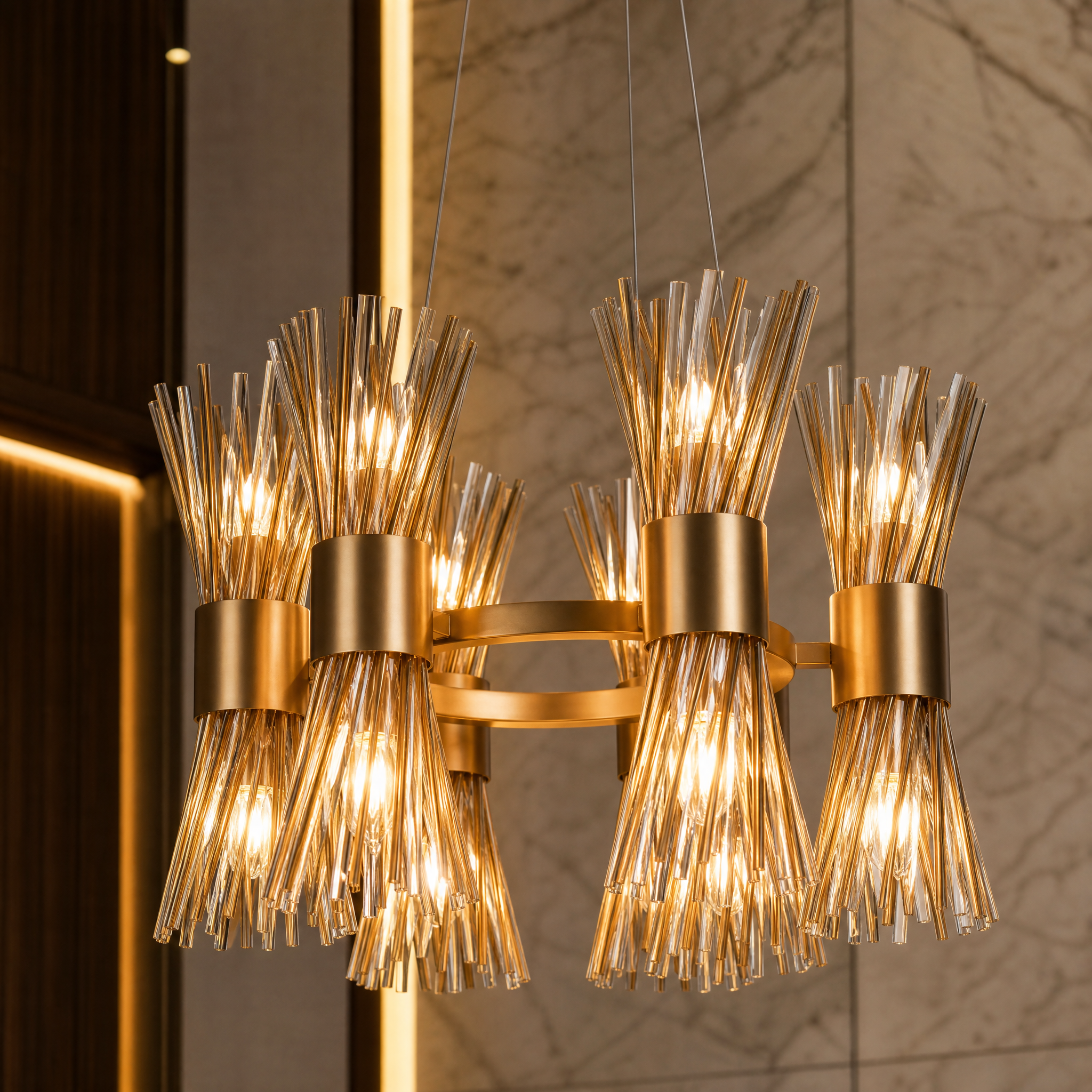 Detailed closeup of the VORELLI Arliano chandelier showcasing the fine craftsmanship of its slender metal rods and delicate crystal elements.