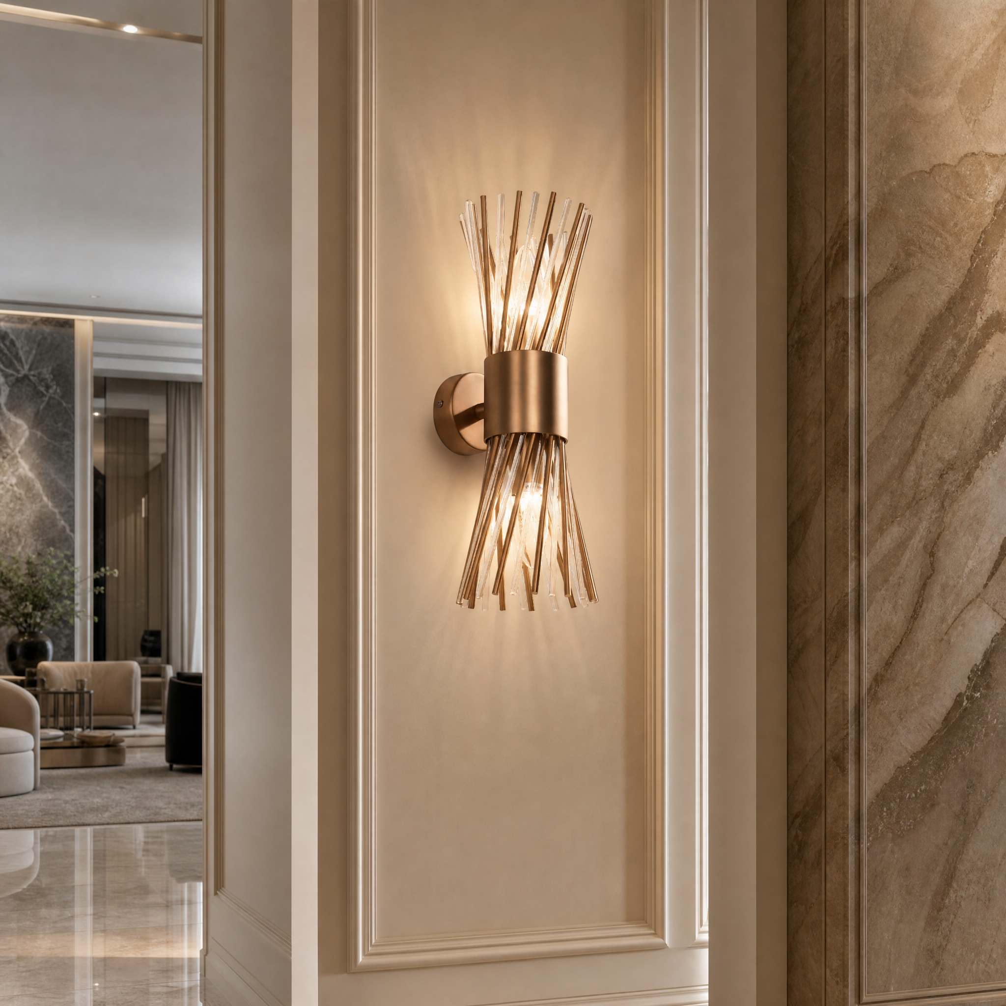 The Arliano luxury wall light by VORELLI casting a warm glow and dynamic shadows on a contemporary residential living room wall.