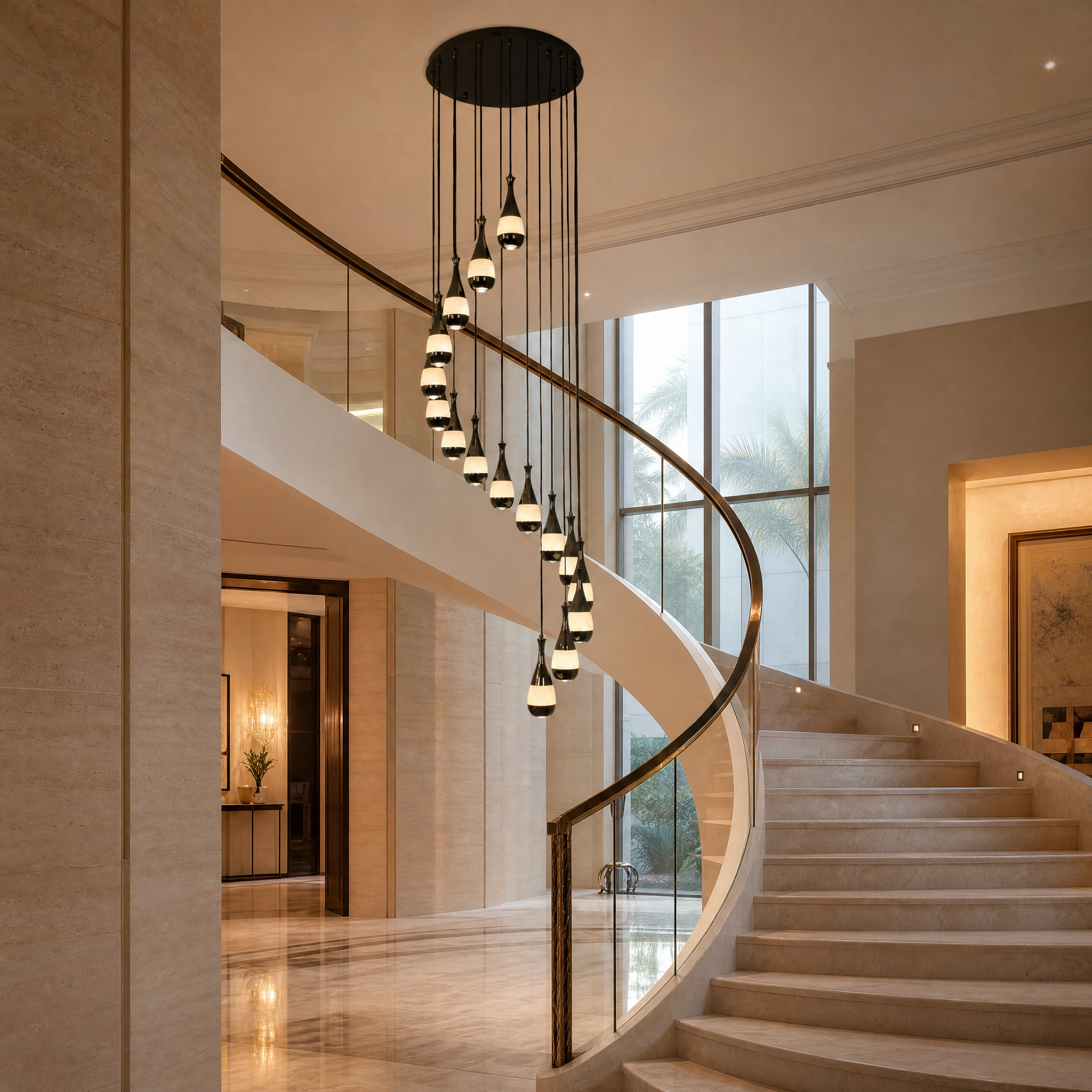 A striking spiral silhouette of the VORELLI Armonia marble pendant chandelier suspended in a high-end hospitality setting, creating a sophisticated luxury ambiance.