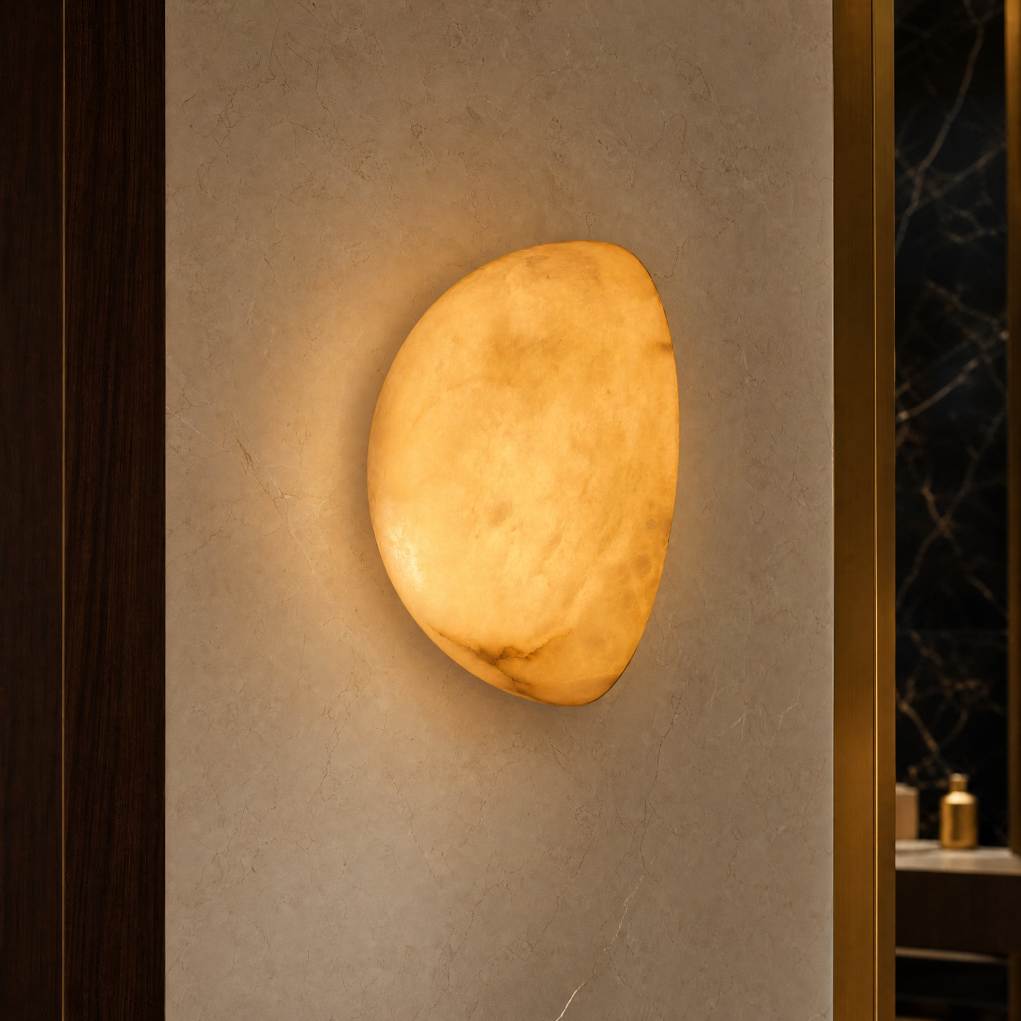 Detailed closeup of the VORELLI Arona wall light highlighting its unique layered marble texture and sculpted shape.
