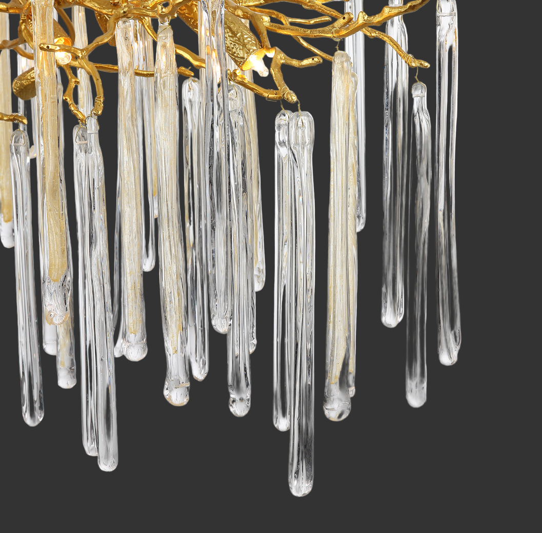 Artistic detail shot of the branching frame on the VORELLI Icicle chandelier showing organic movement and modern design.