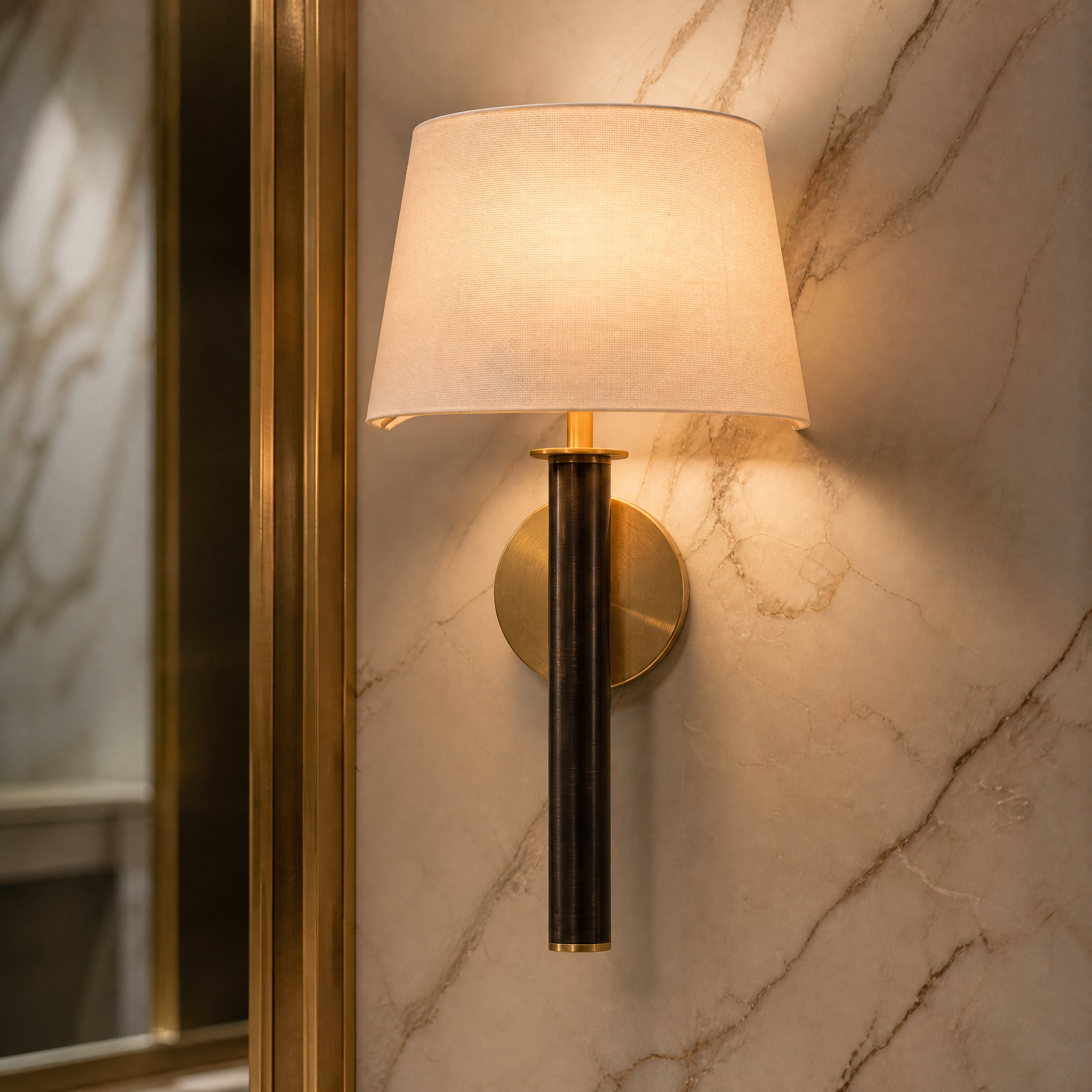 A macro shot of the VORELLI Arvino Wall Light, showcasing the clean lines of the refined dual-tone metallic accents and premium off-white fabric shade texture.