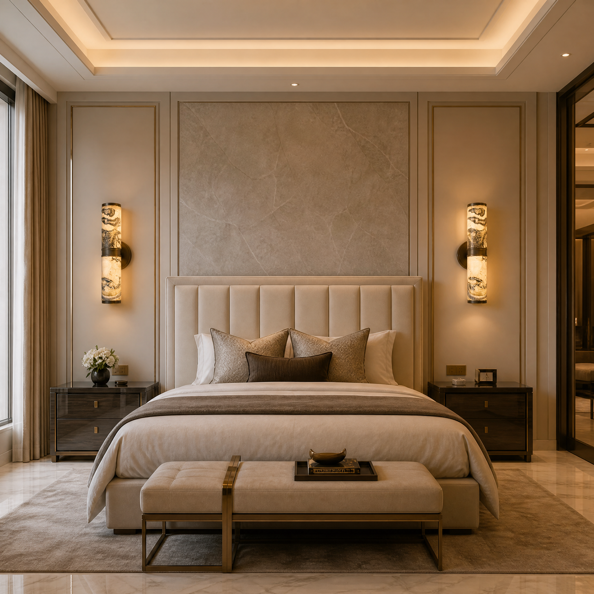 Atmospheric mood lighting reflecting softly off the vertical silhouette of the VORELLI Almora green marble brass sconce.