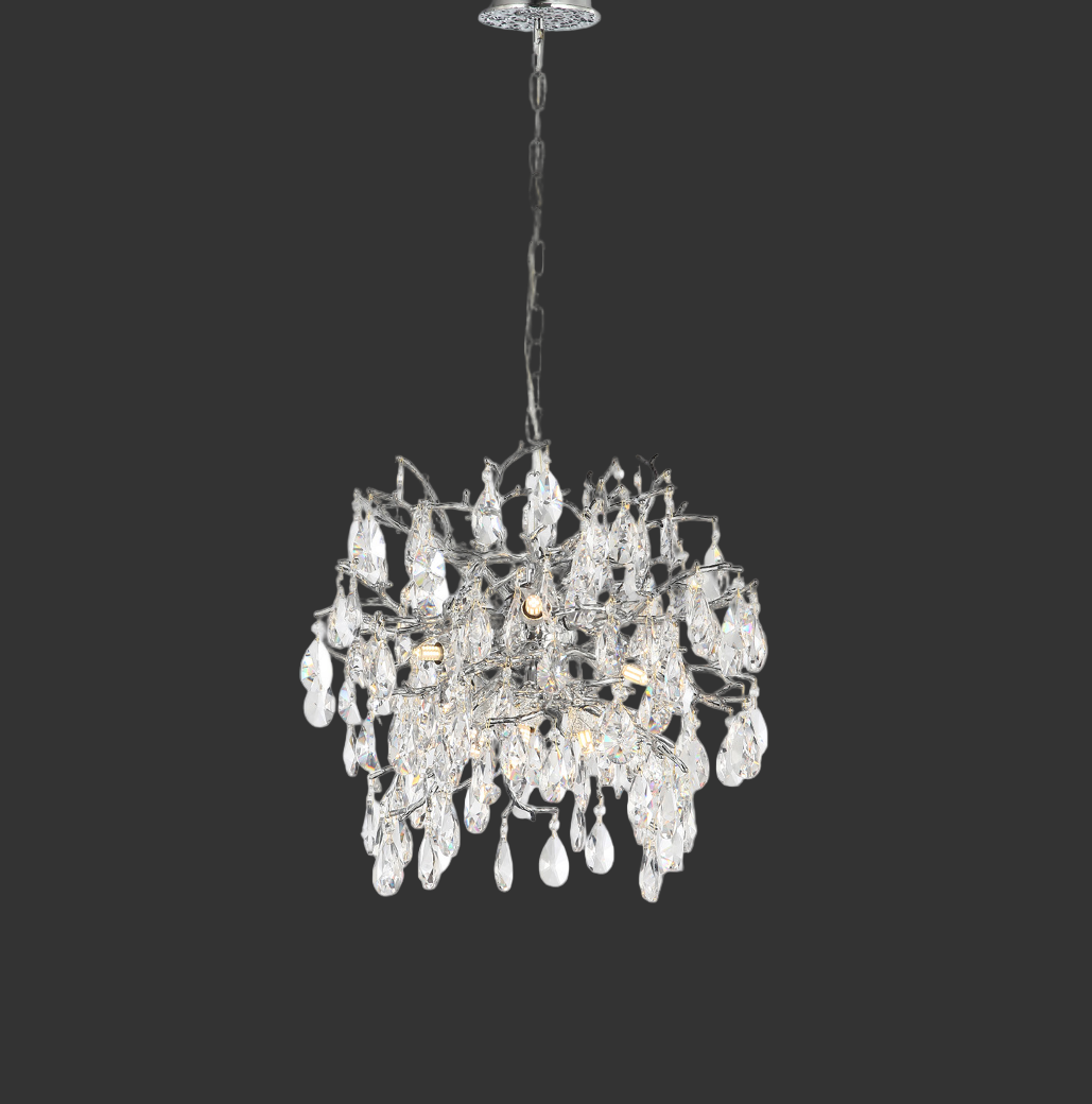 Atmospheric mood shot of the Entwine Dewdrop crystal pendant by VORELLI, creating sophisticated, patterned light play across a luxury dining space.