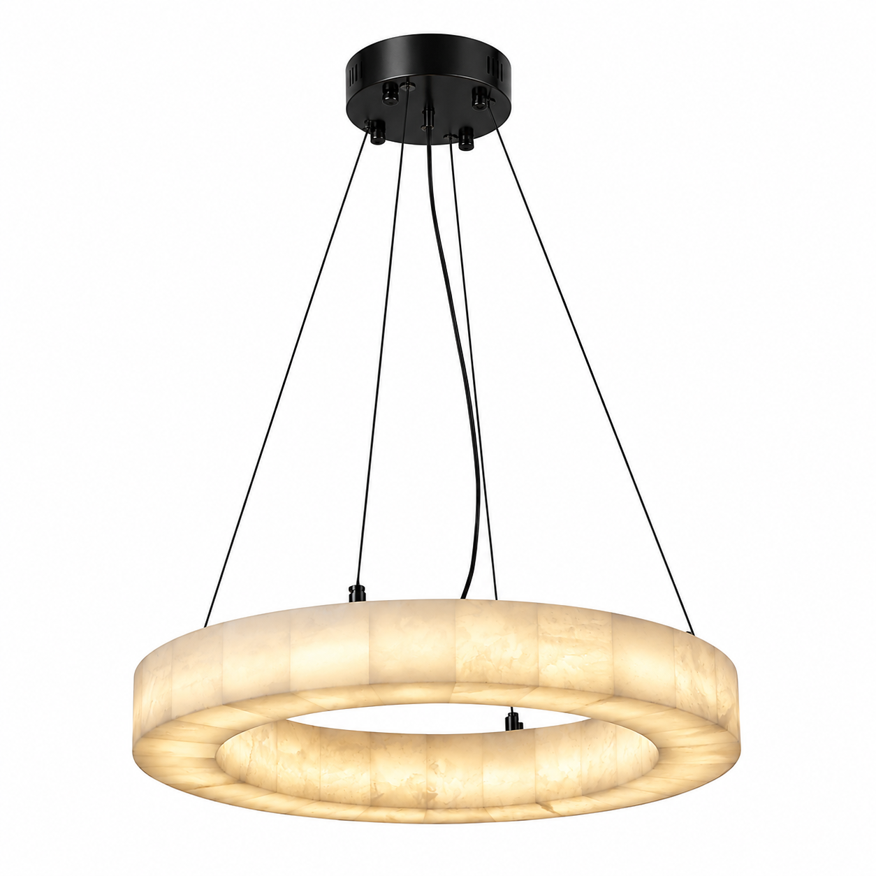 Atmospheric view capturing the timeless elegance and serene, premium design of the VORELLI Halo Marble Circular Chandelier.