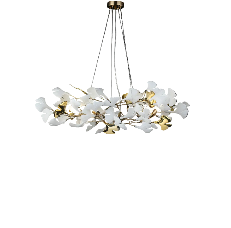 Atmospheric view of the Prano Circular Chandelier II by VORELLI, highlighting the sophisticated mood and architectural silhouette of its sculptural botanical design.