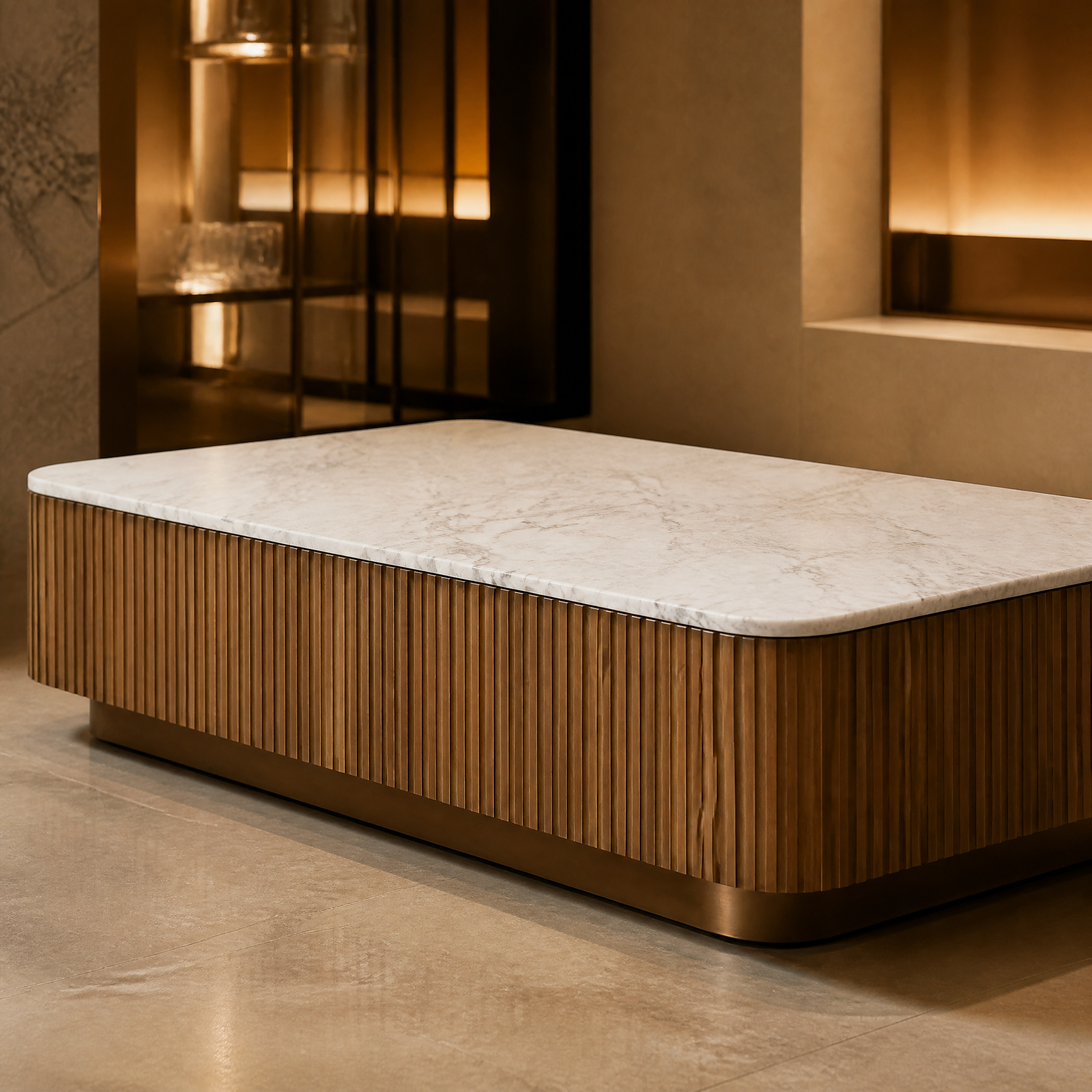 Macro closeup detailing the transition between the fluted solid oak edge, Carrara marble surface, and brushed brass base of the Attilio coffee table.