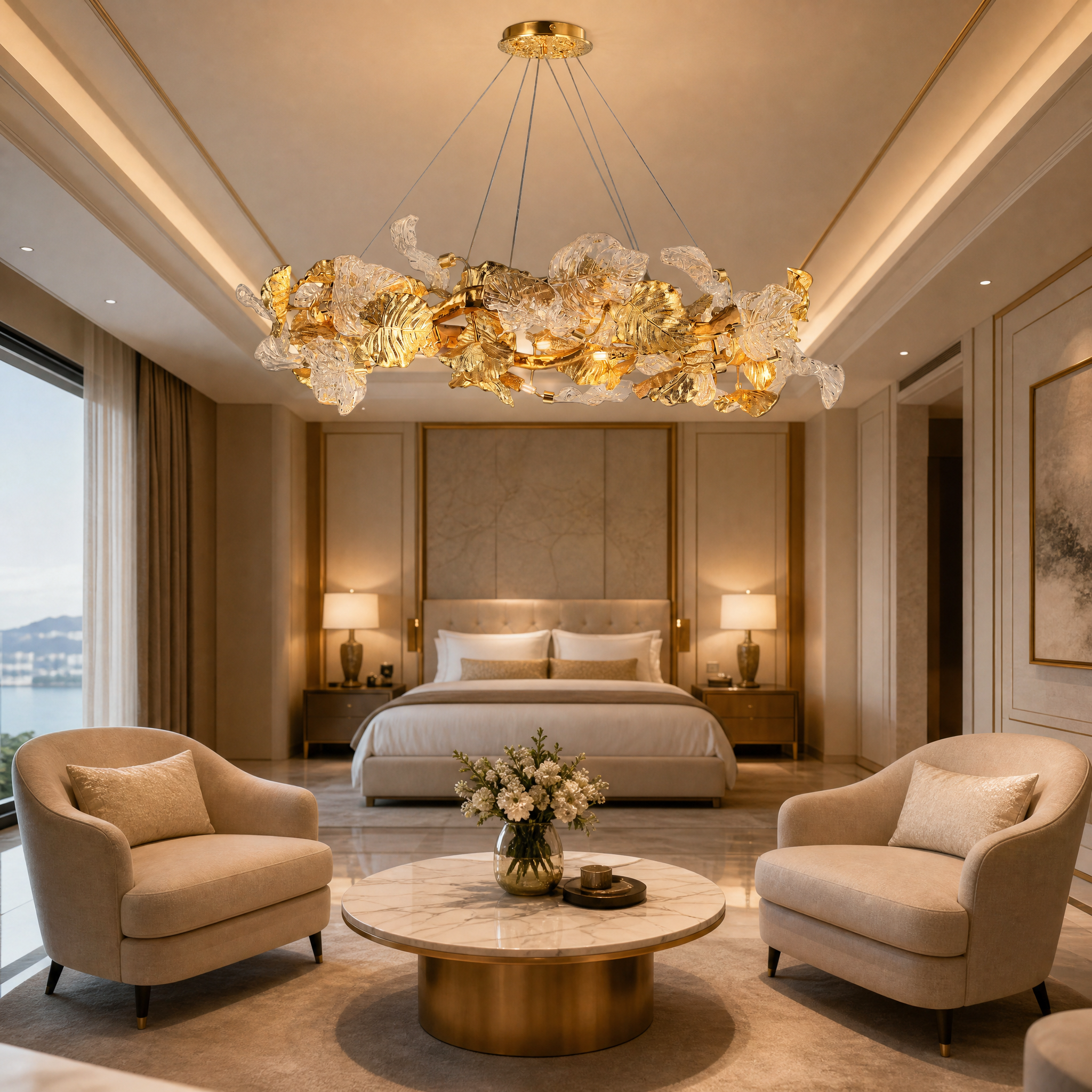 The sculptural Aura Leaf Circular Chandelier by VORELLI casting warm, atmospheric light in a grand boutique hotel lobby.