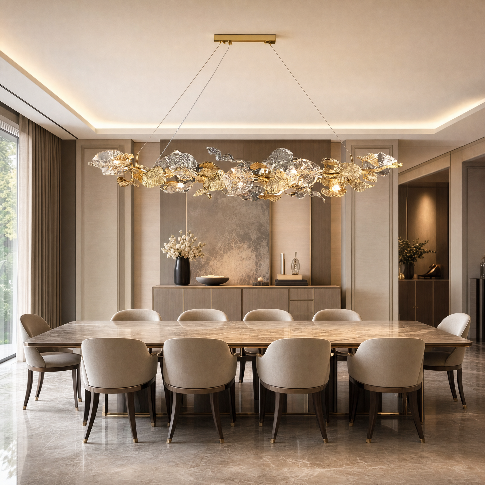 VORELLI Aura Leaf Rectangular Chandelier illuminating a luxury modern dining space