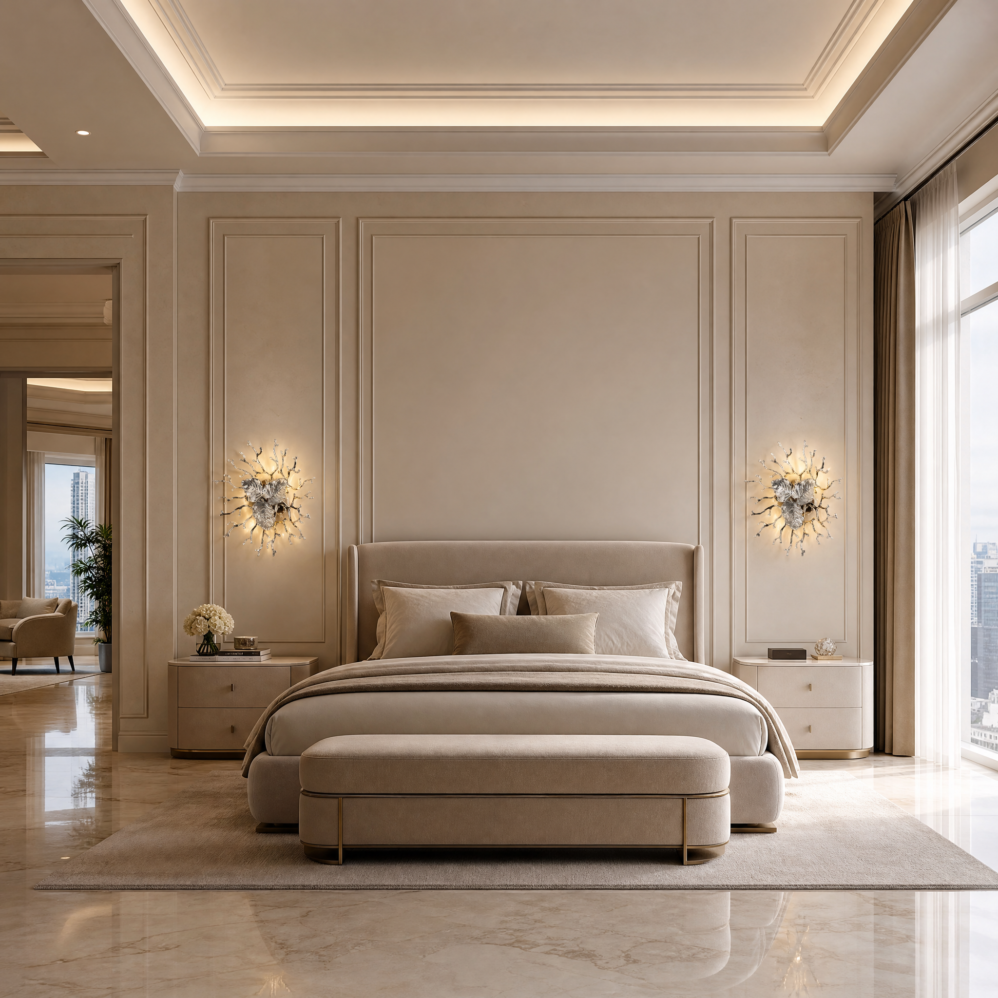 The VORELLI Aurelia Wall Light III installed in a high-end residential living room, casting a warm, artistic glow across a modern statement wall.