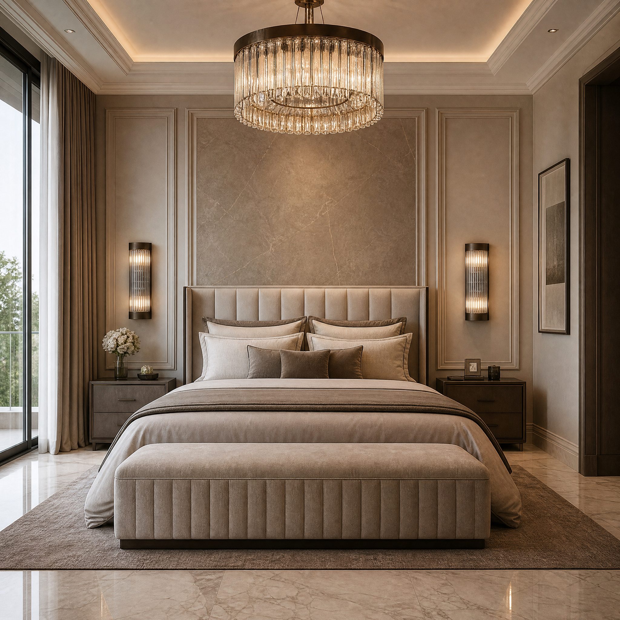 Aurelio brass wall light with textured glass installed in a modern residential hallway.