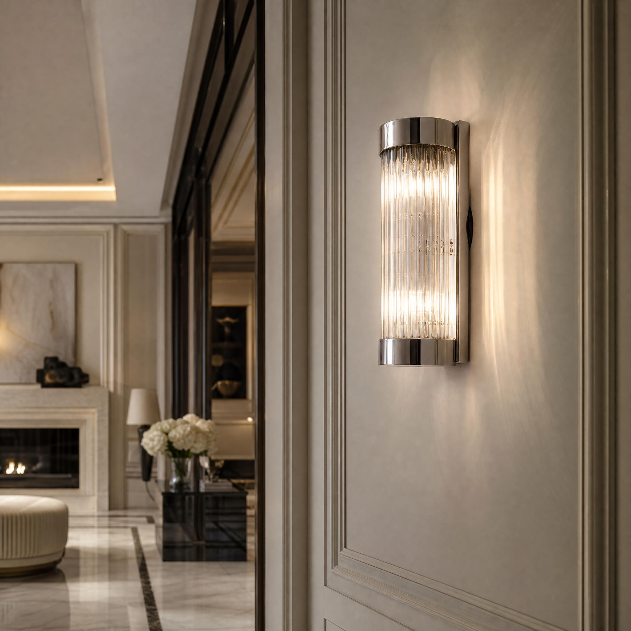 Aurelio nickel wall light installed in a modern bedroom setting featuring ribbed glass detail.