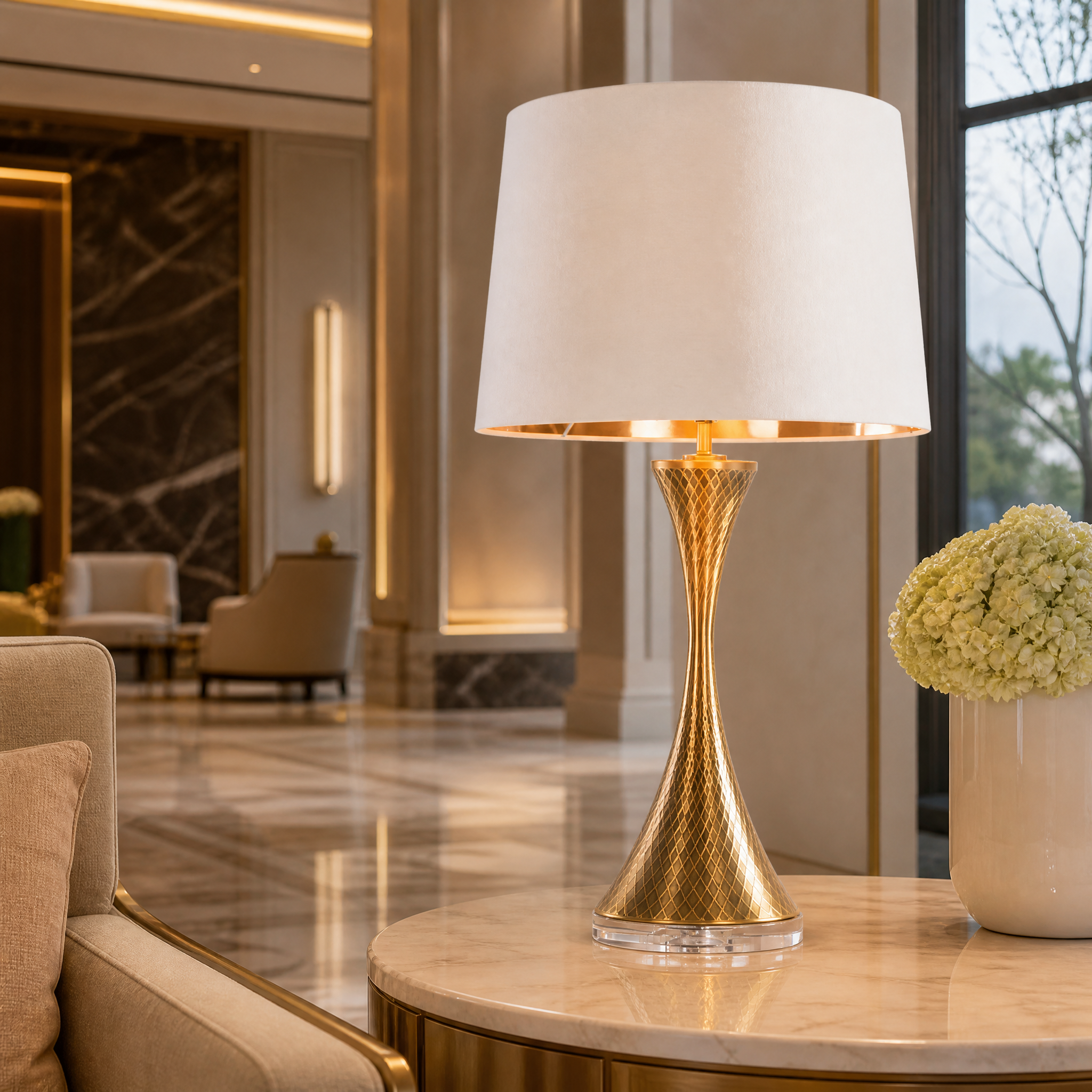 Sophisticated Aurelis crystal lamp providing warm ambient lighting in a high-end hospitality setting.