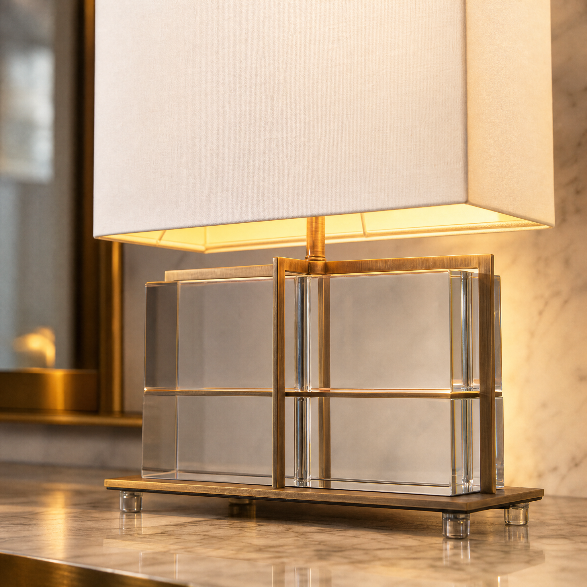 Close-up of the architectural clear crystal panel base framed in warm antique brass on the Aurivon table lamp.
