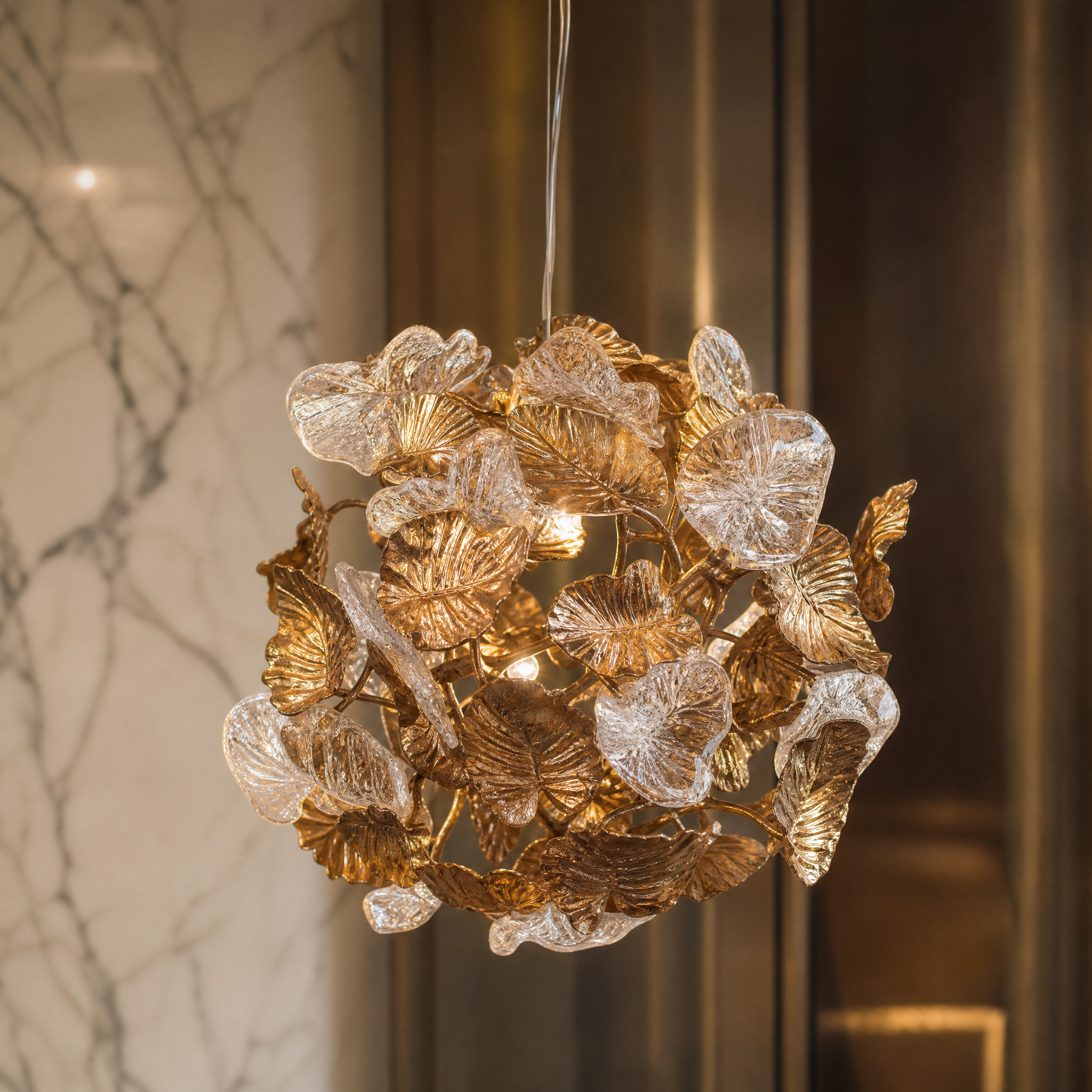 Macro view of the Autumn Bloom pendant light featuring intricate hand-formed metallic leaves and radiant crystal accents.