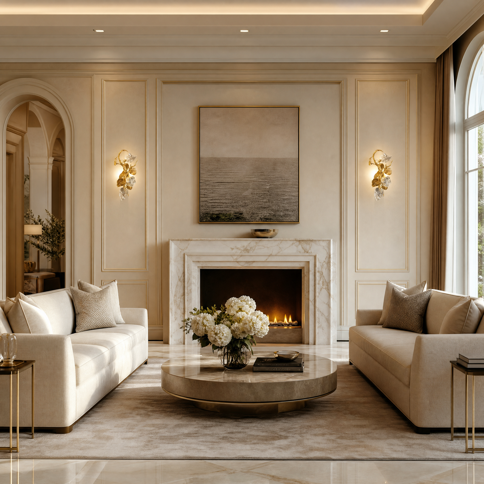 VORELLI Autumn Bloom wall light illuminating a high-end residential living room, casting a warm glow through hand-formed metallic leaves and crystal details.