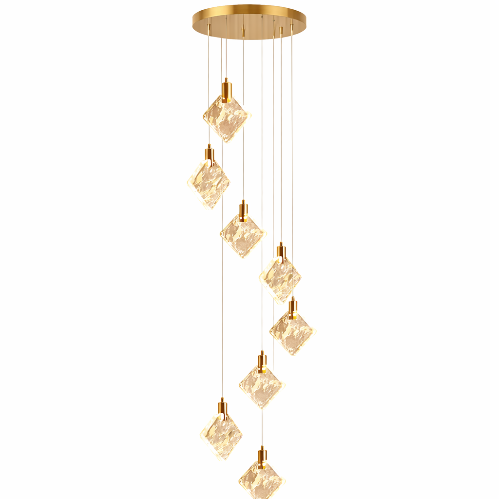 Avellino chandelier captured in a wide-angle view showing the mesmerizing spiral cascade of light.