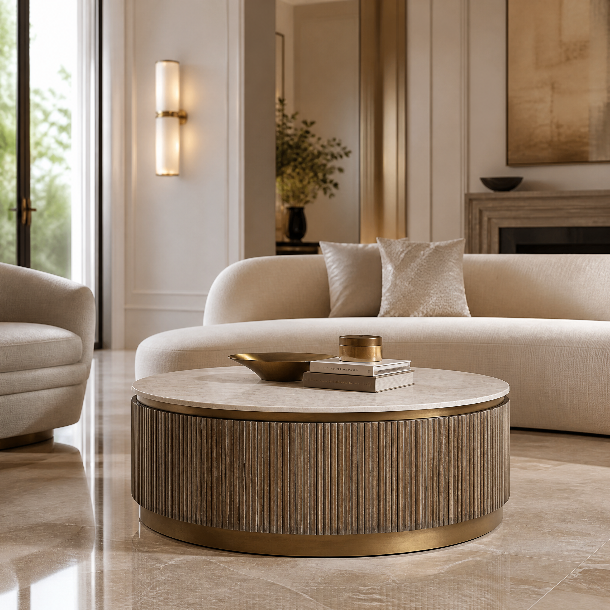 Aventino coffee table featuring a warm brass frame in a luxury residential living room setting.