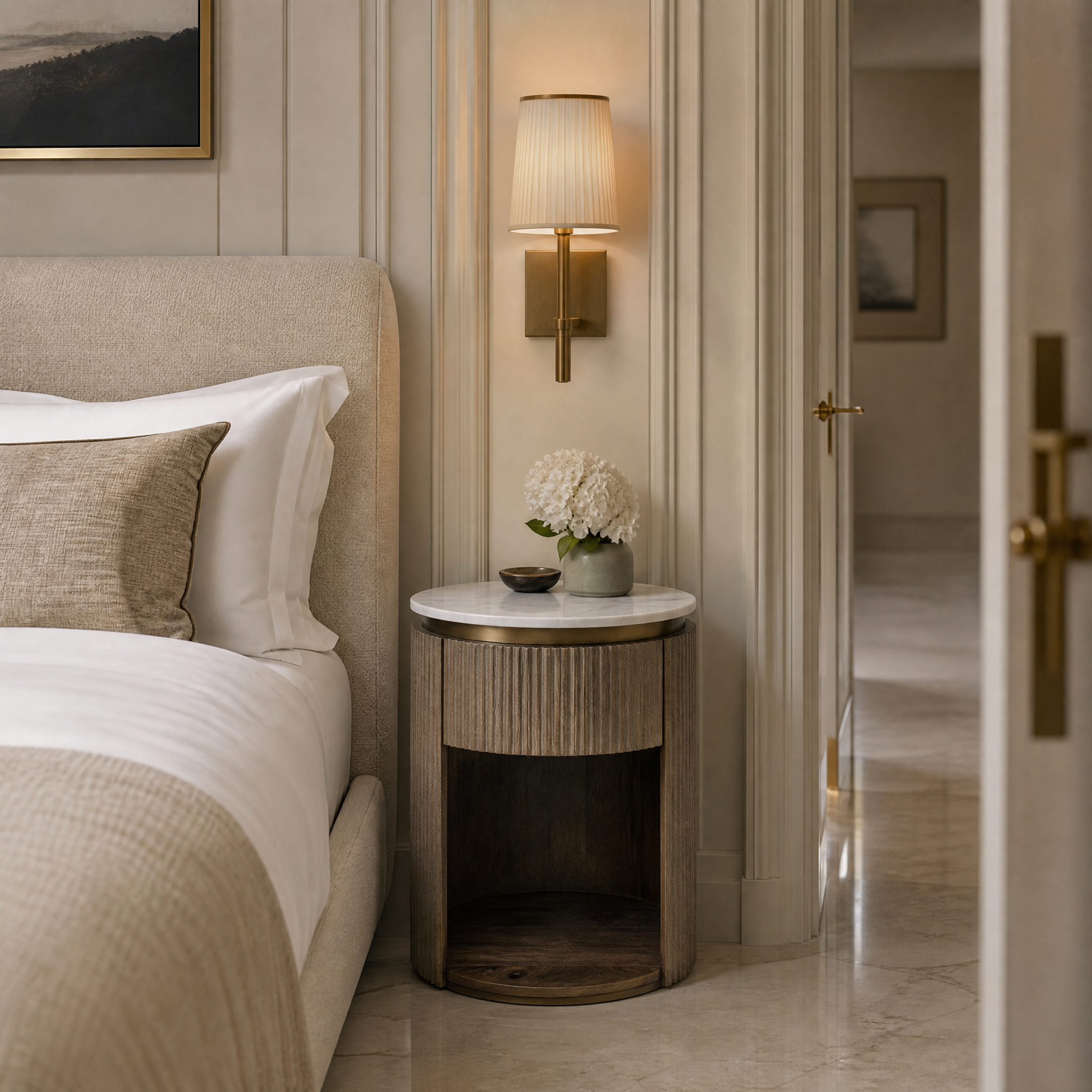 Elegant Aventino single drawer side table placed in a luxury hotel hospitality suite setting.