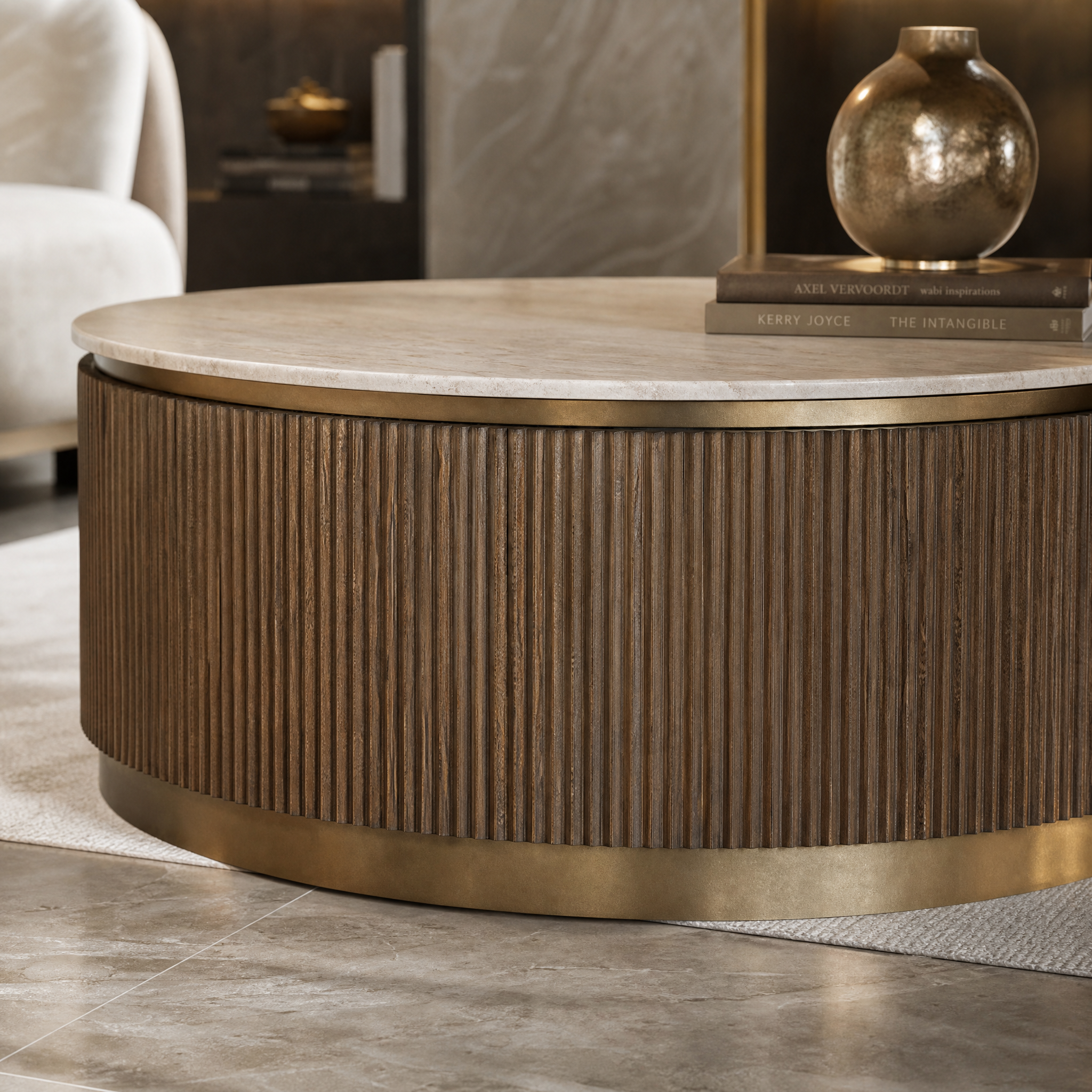 Close up detail of the handcrafted warm brass frame and rich tabletop surface of the Aventino coffee table.