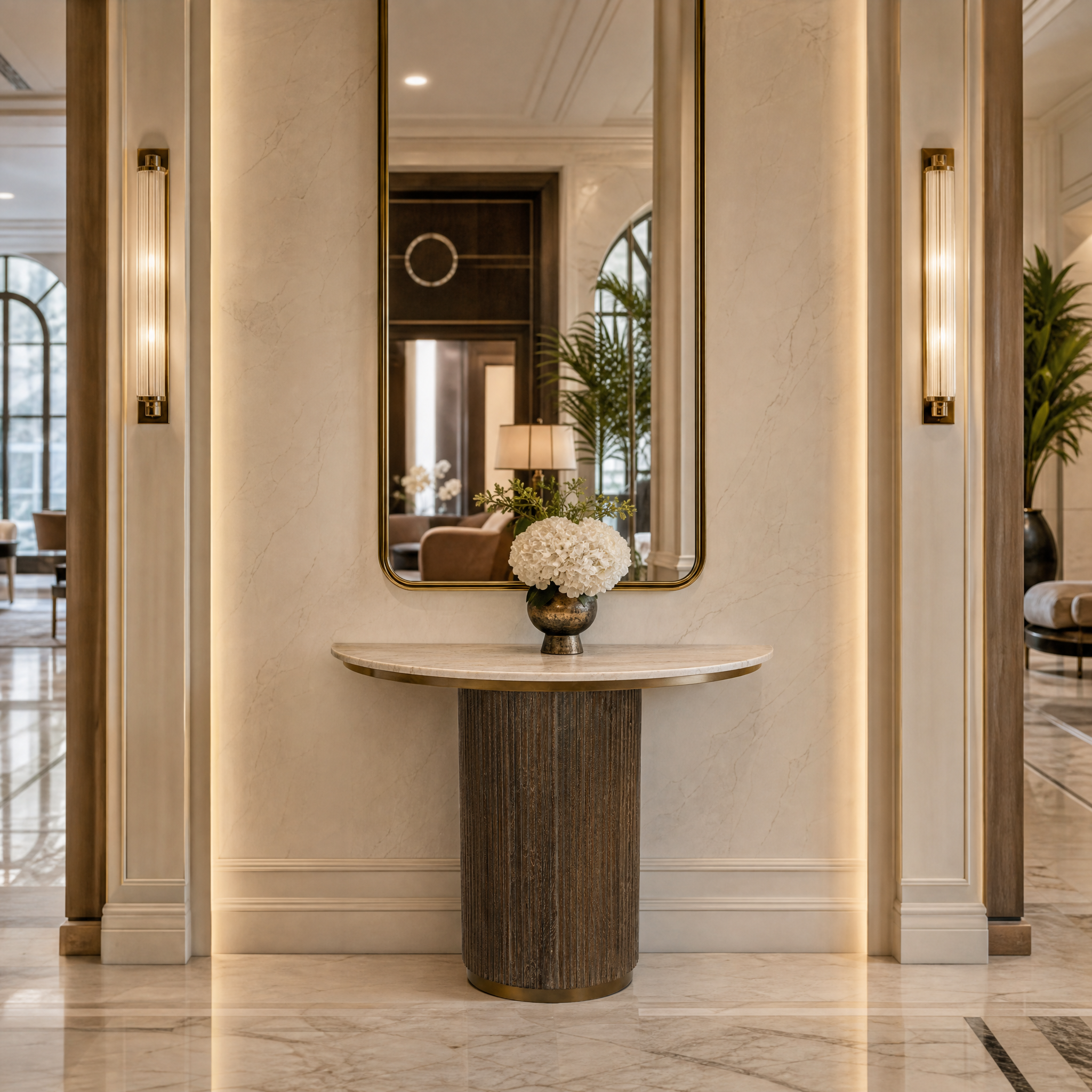 Elegant Aventino console table featuring rich brown and neutral tones in a sophisticated hotel entryway