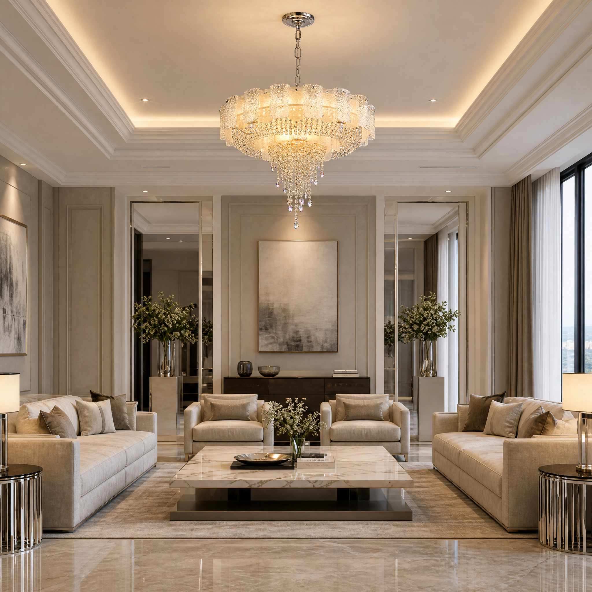 Avino circular chandelier featuring frosted glass and cascading crystals in a modern living room setting