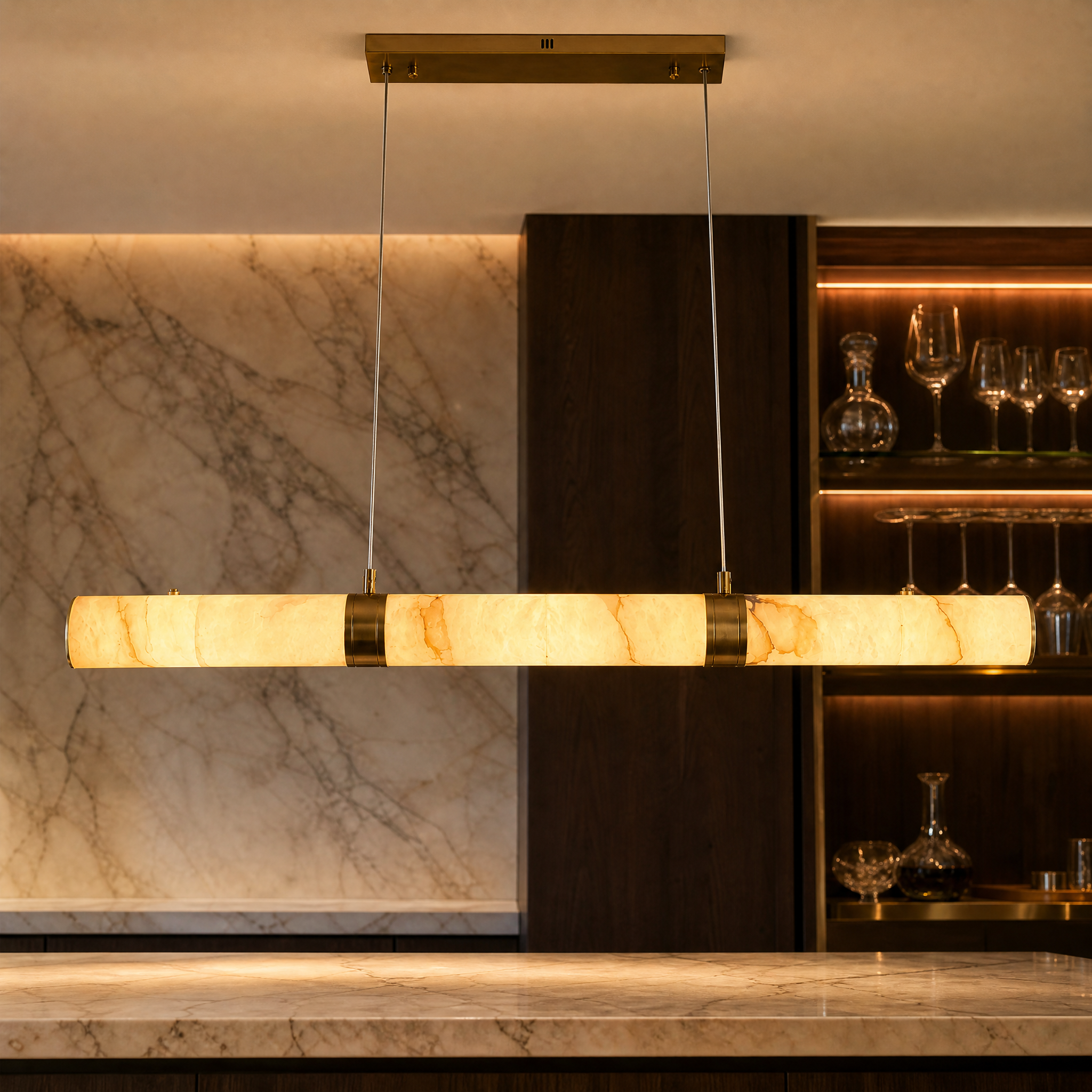 Avora Marble Rectangular Chandelier viewed from a low angle to highlight the linear design.