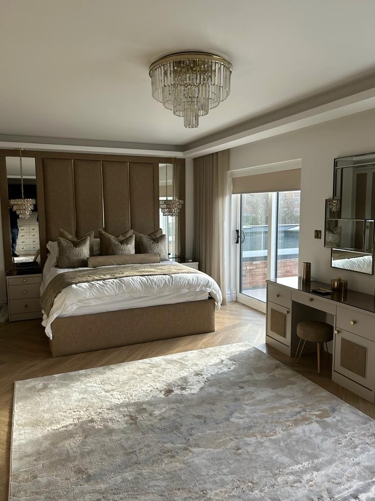 Beckenham ceiling light illuminated to create warm crystal light in a luxury interior