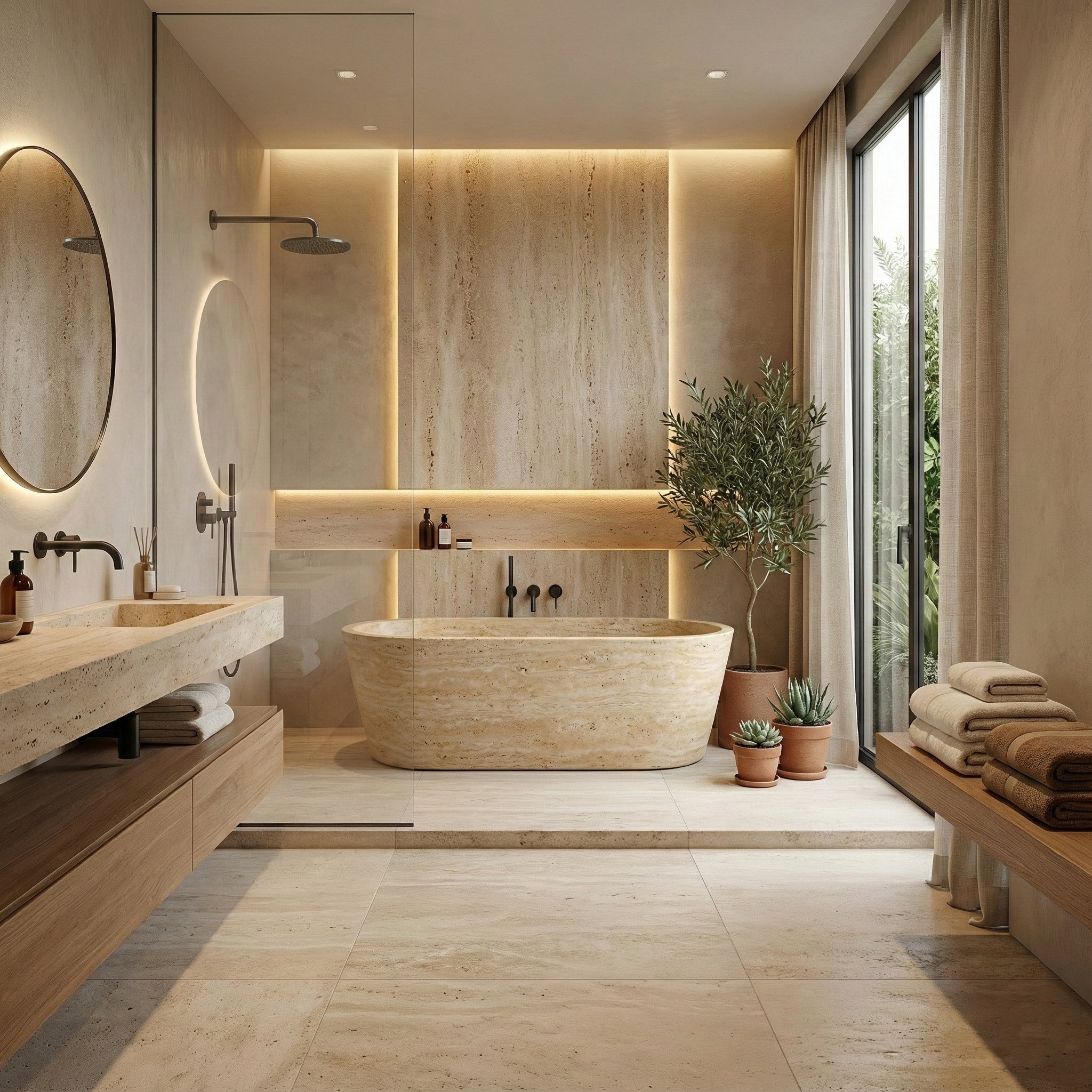Beige Travertine Freestanding Bathtub - Tapered