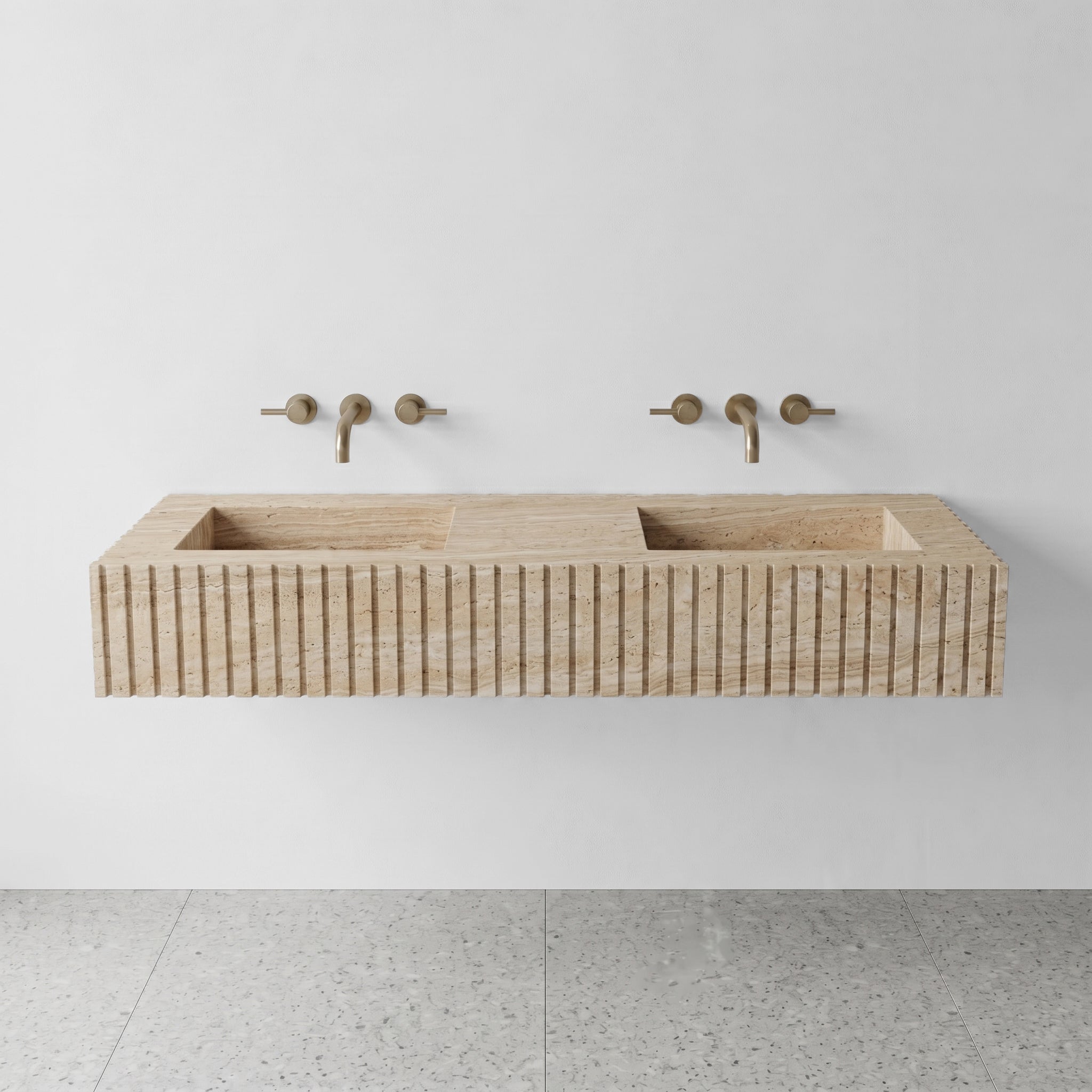 Beige Travertine Double Sink - Fluted