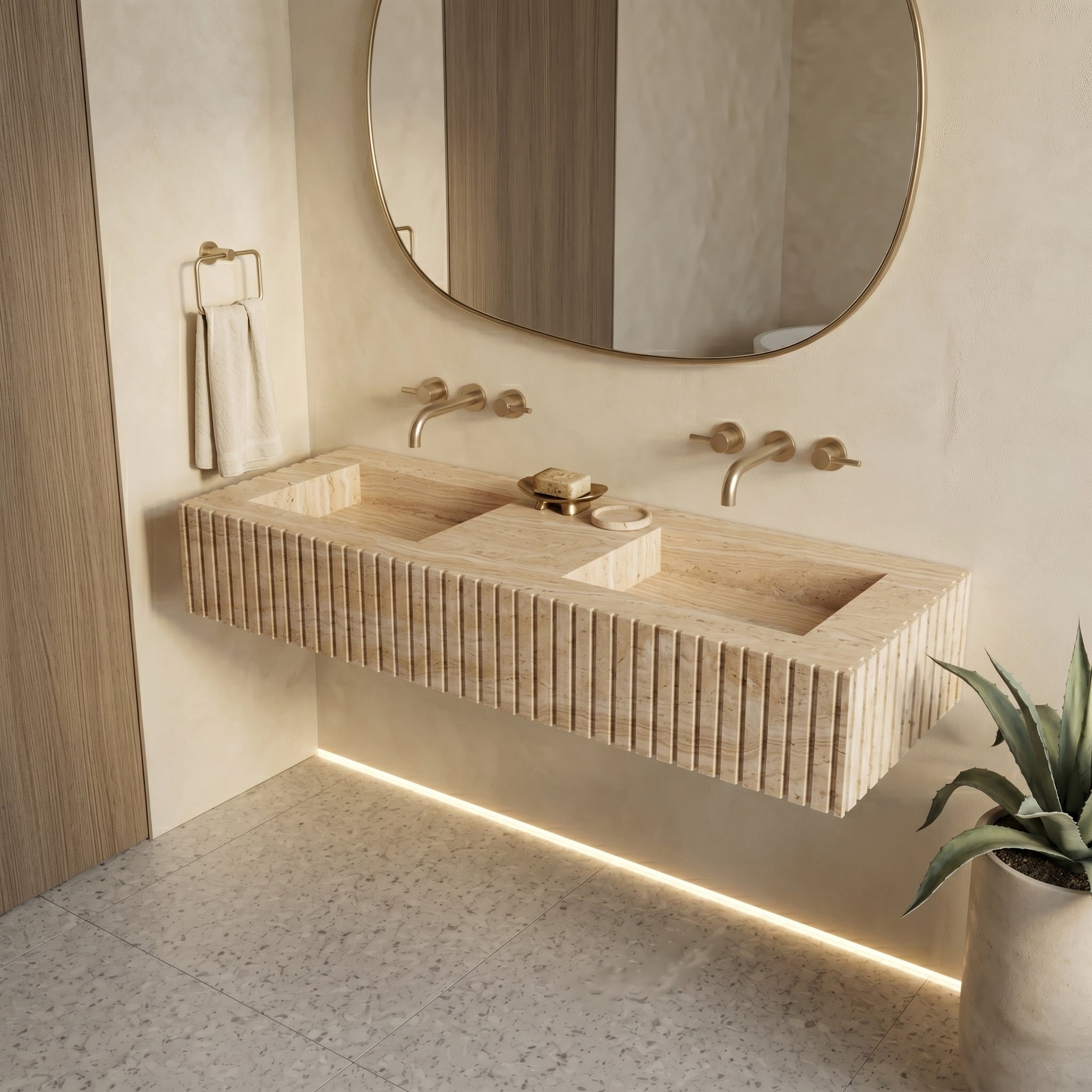 Beige Travertine Double Sink - Fluted