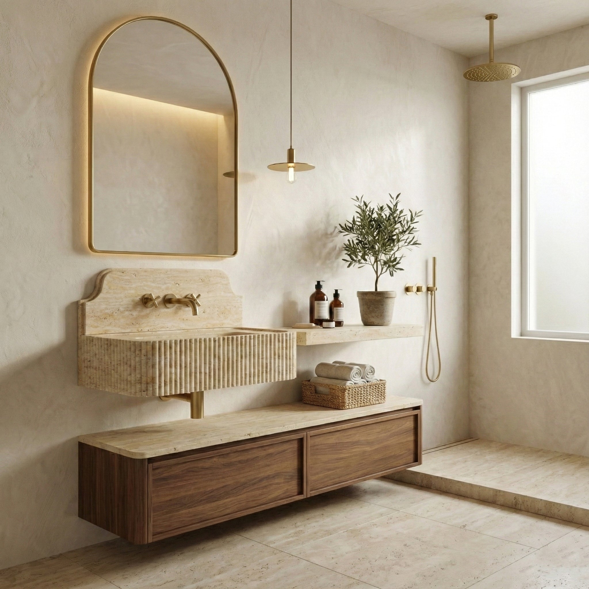 Beige Travertine Backsplash Sink - Fluted