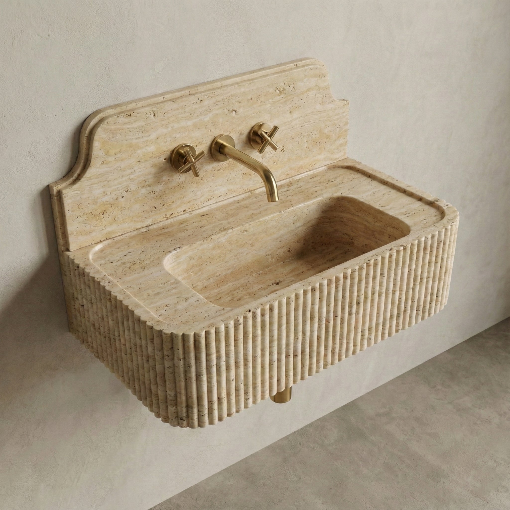 Beige Travertine Backsplash Sink - Fluted