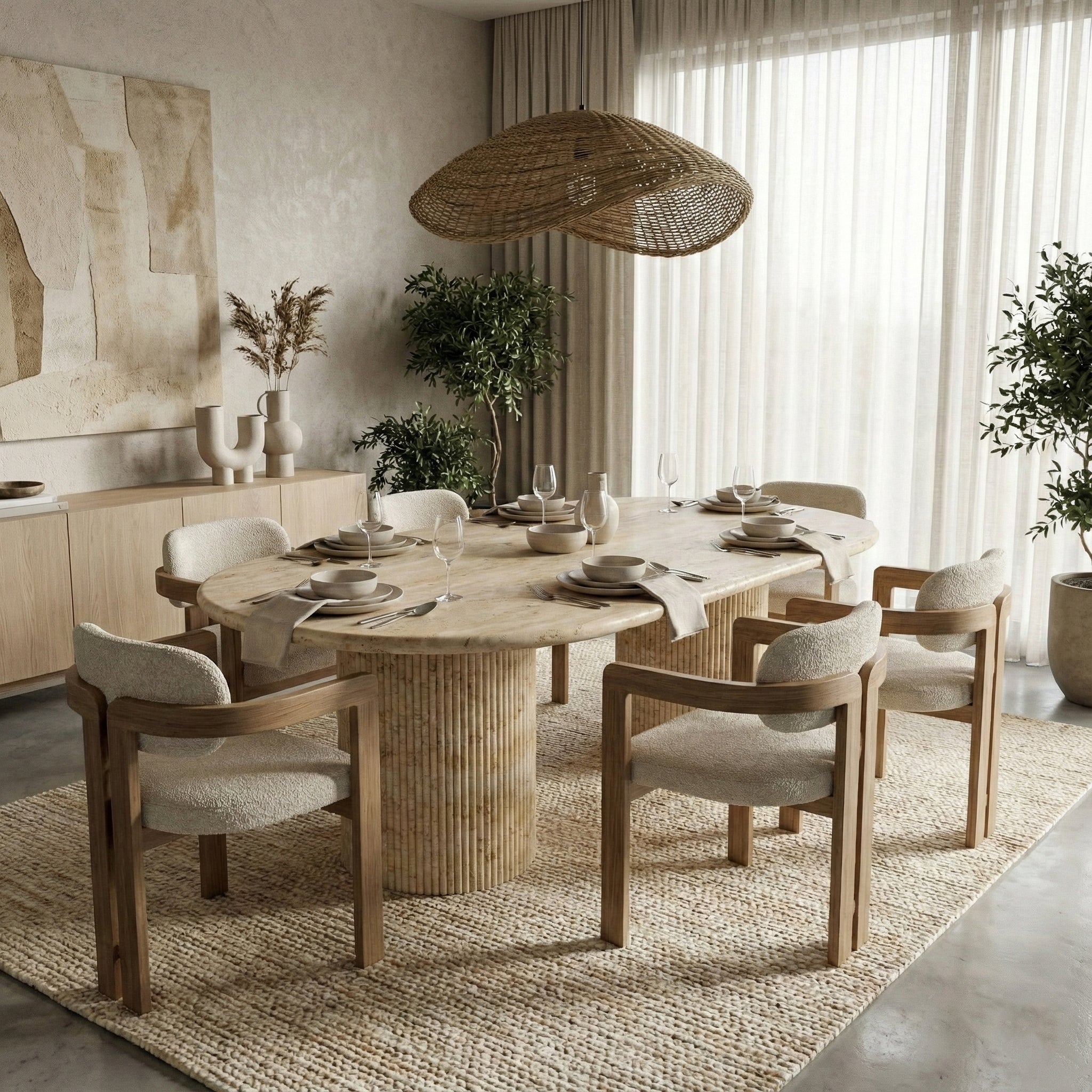Beige Travertine Oval Dining Table - Fluted