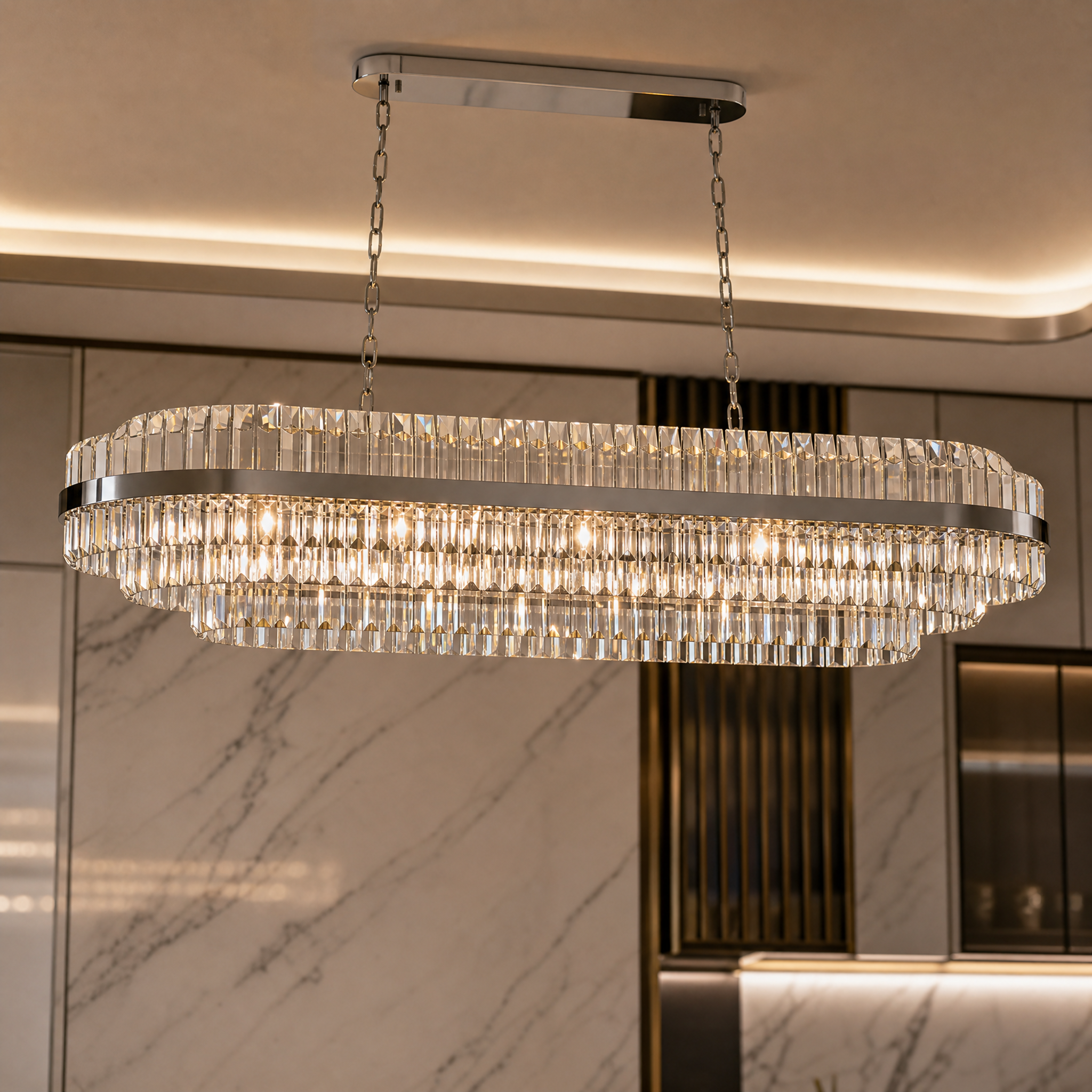 Detailed macro shot of the premium diamond cut crystal bars on the Belair Rectangular Chandelier, highlighting the clarity and texture.