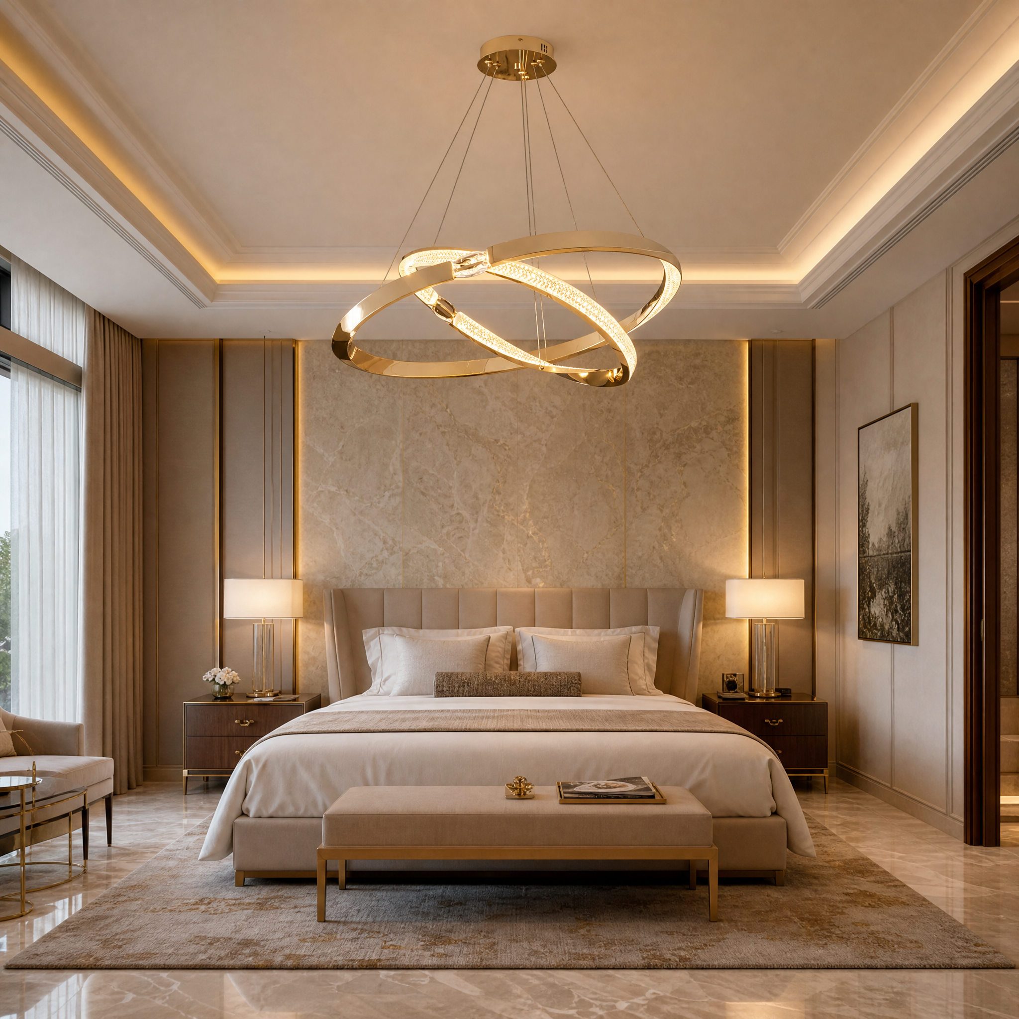 The geometric interlocking rings of the VORELLI Belgravia circular chandelier creating a dazzling, sophisticated focal point in a luxury hospitality setting.