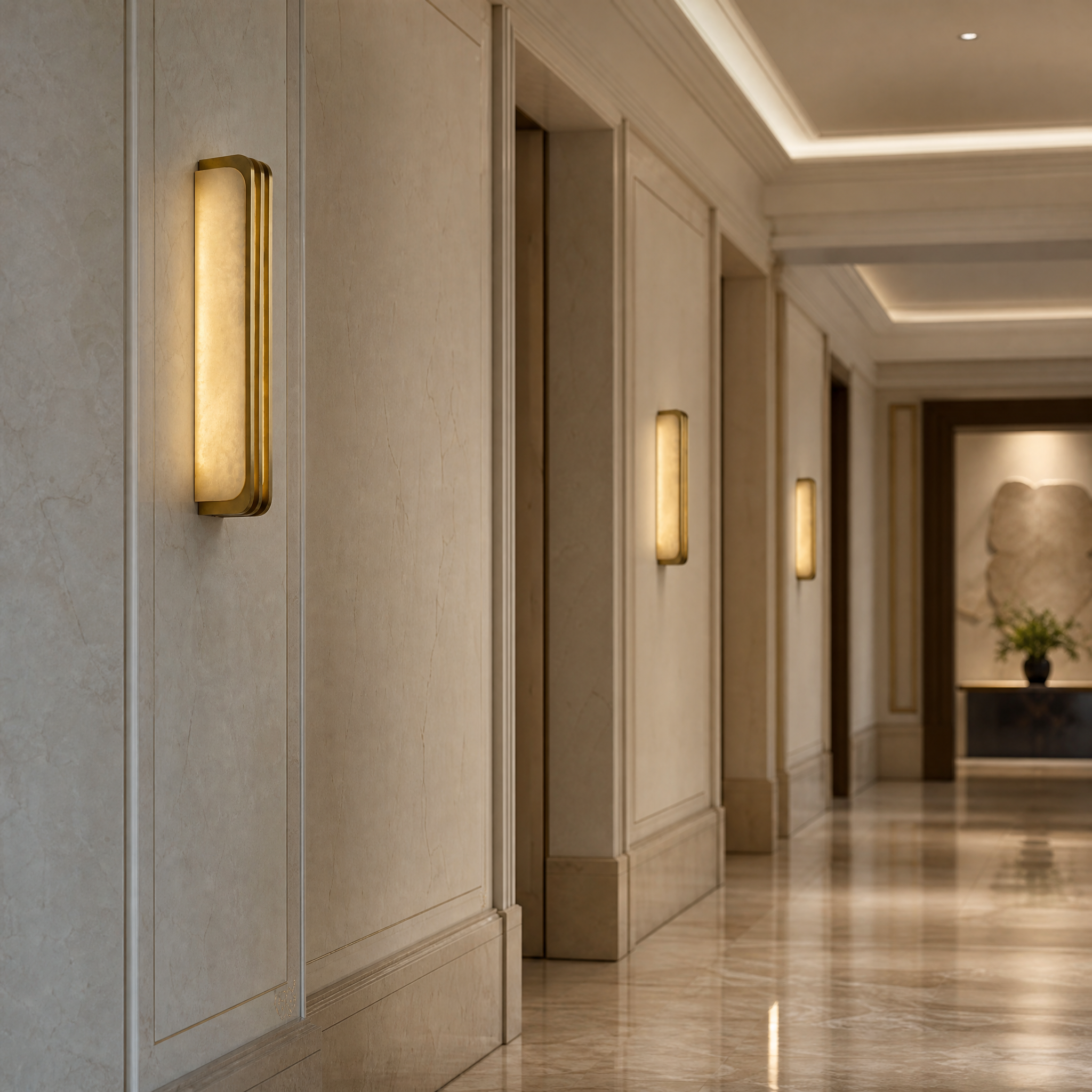 A row of Bellagio marble wall sconces by VORELLI adding sophisticated depth and architectural elegance to a luxury hotel corridor.