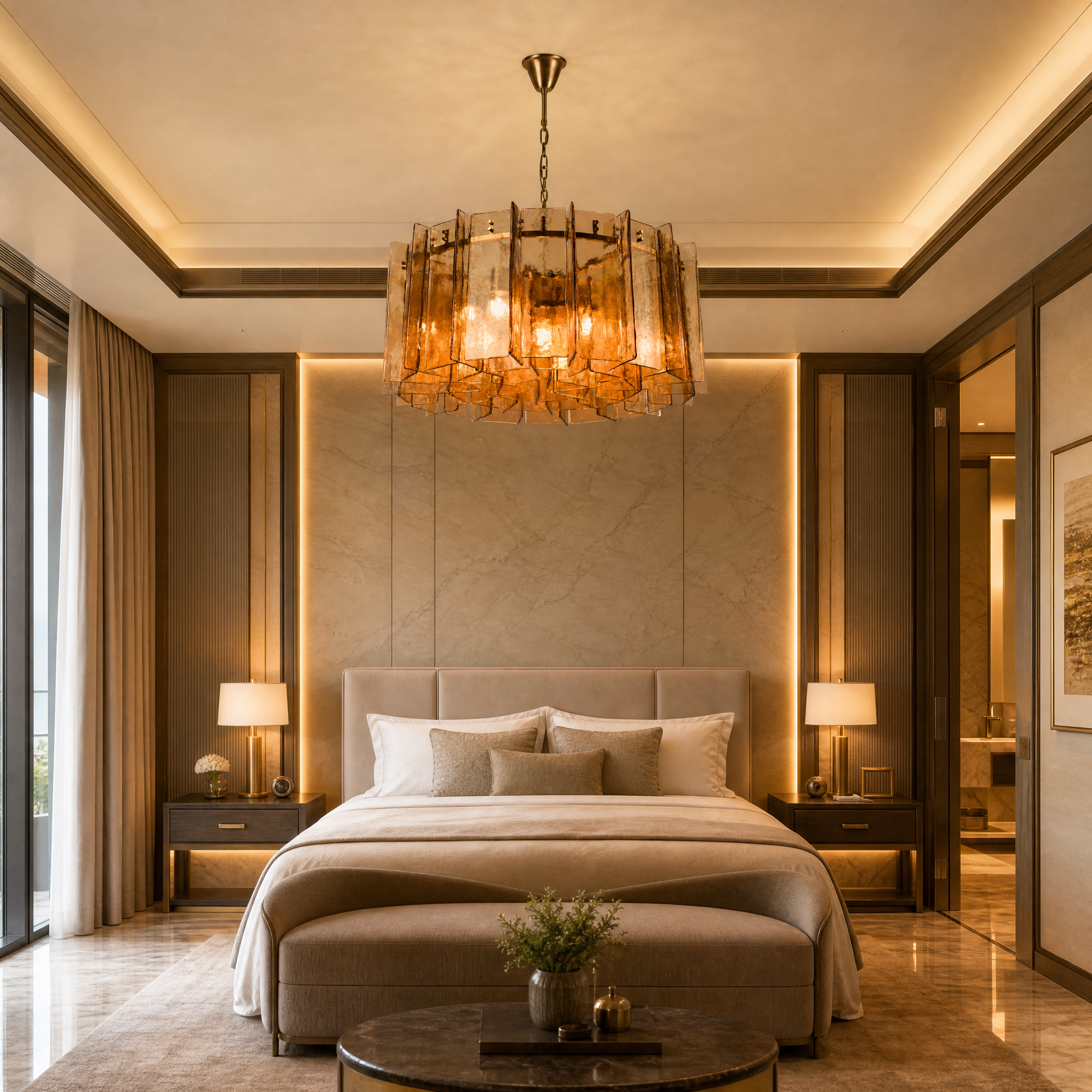 A grand 120cm Berlinio Amber Chandelier suspended in a boutique hotel lobby, showcasing its tiered brass and amber polyhedron design.
