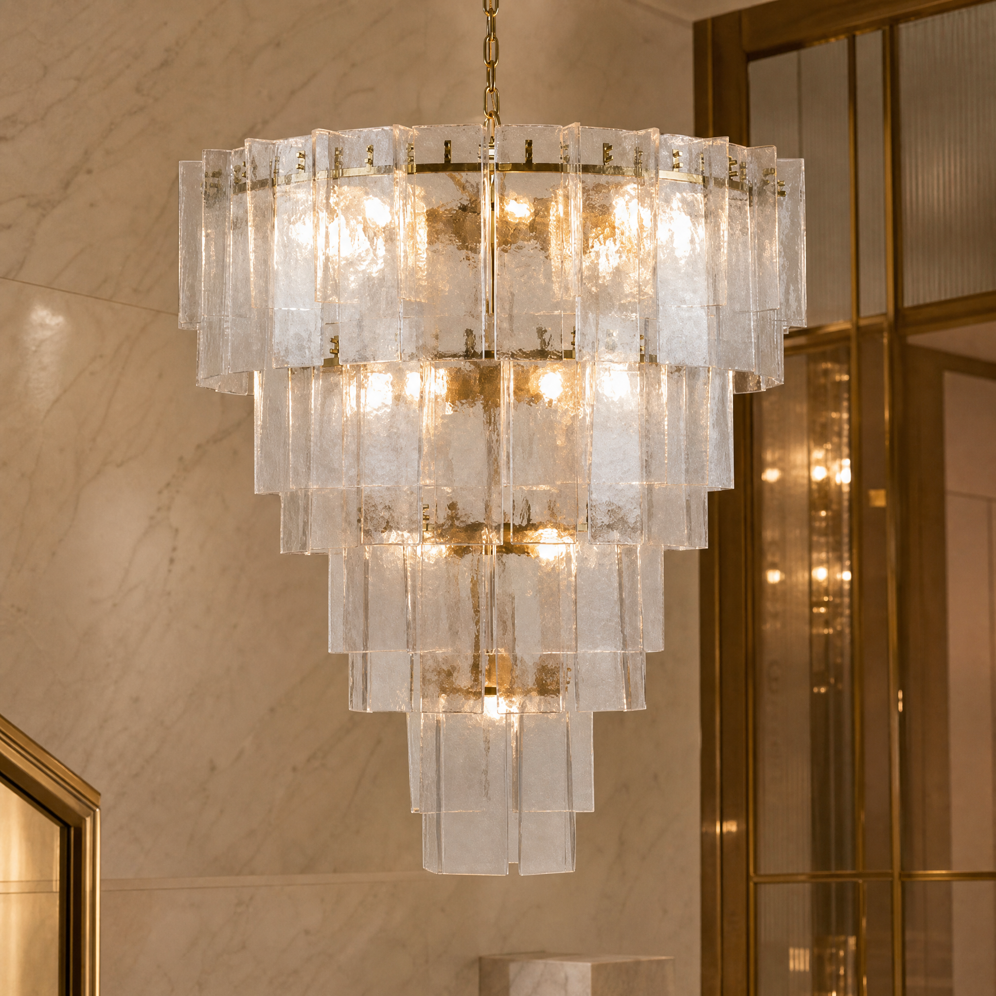 Detailed closeup of the VORELLI Berlinio Grandeur chandelier showing tiers of clear Murano glass plates individually bolted to a premium brass frame.